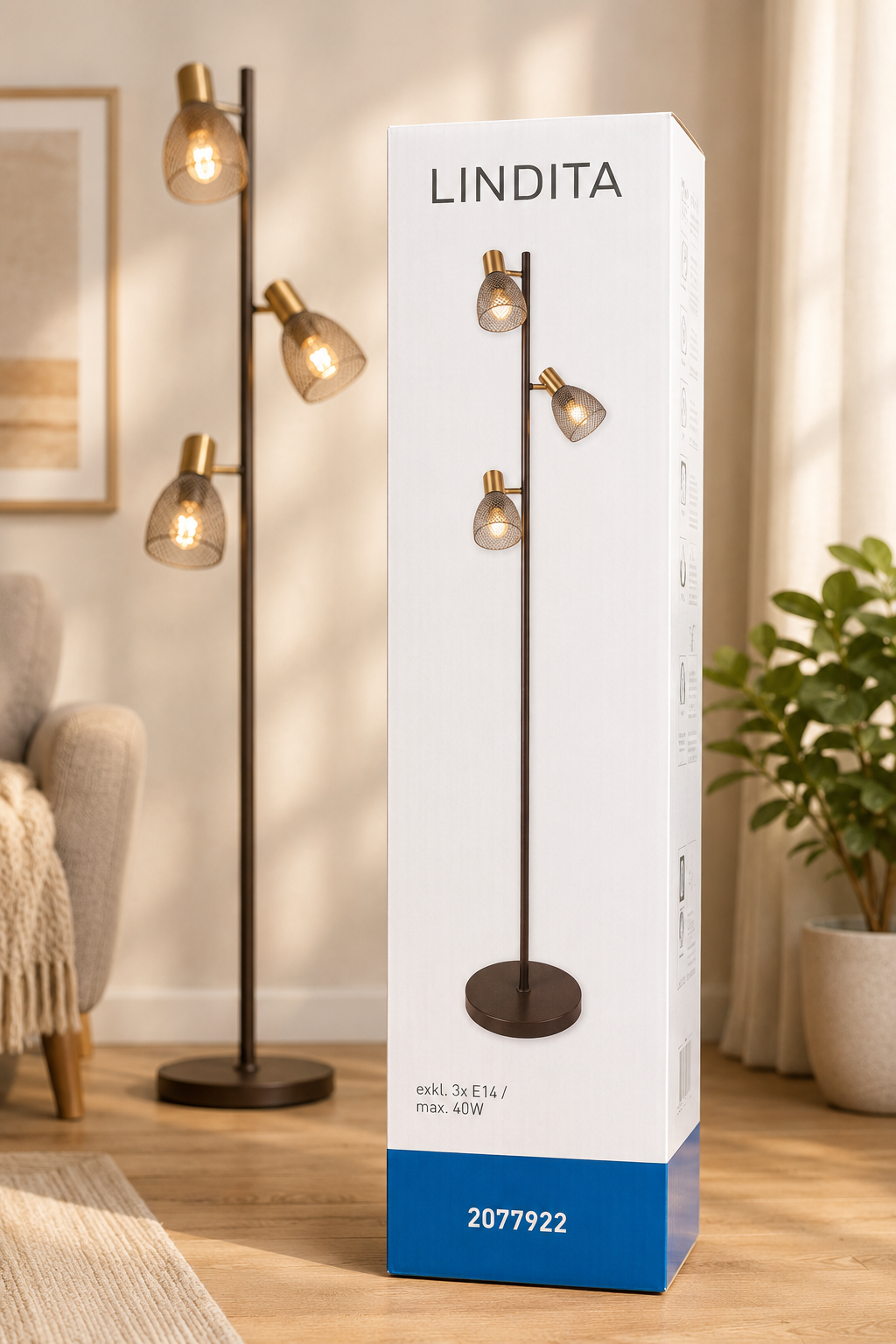 NÄVE Stehlampe Lindita 3-flammig Messing Matt Smokey Glas 3x E14 Stehleuchte F3
