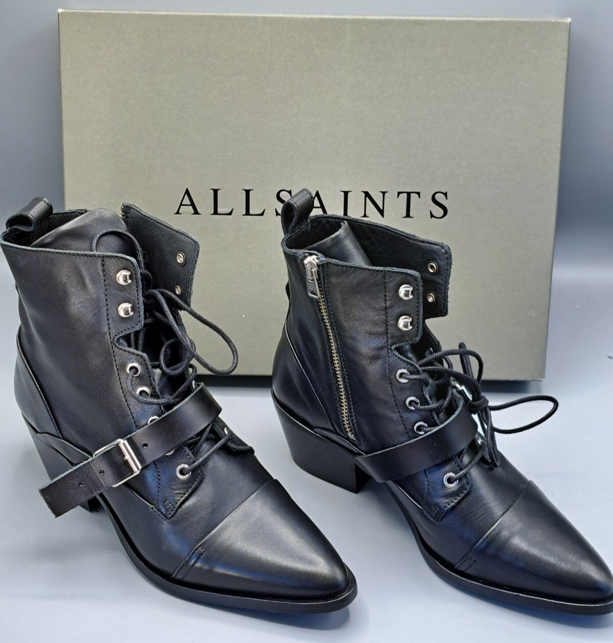 AllSaints Katy Damen Stiefeletten Leder Schwarz Boots Schnürstiefel Gr. 39 G1
