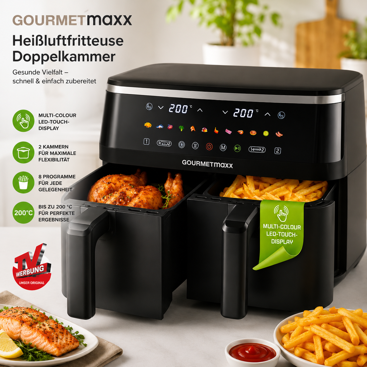 GOURMETmaxx Doppelkammer Heißluftfritteuse 2x4,5L Airfryer 12 Programme HO-A22