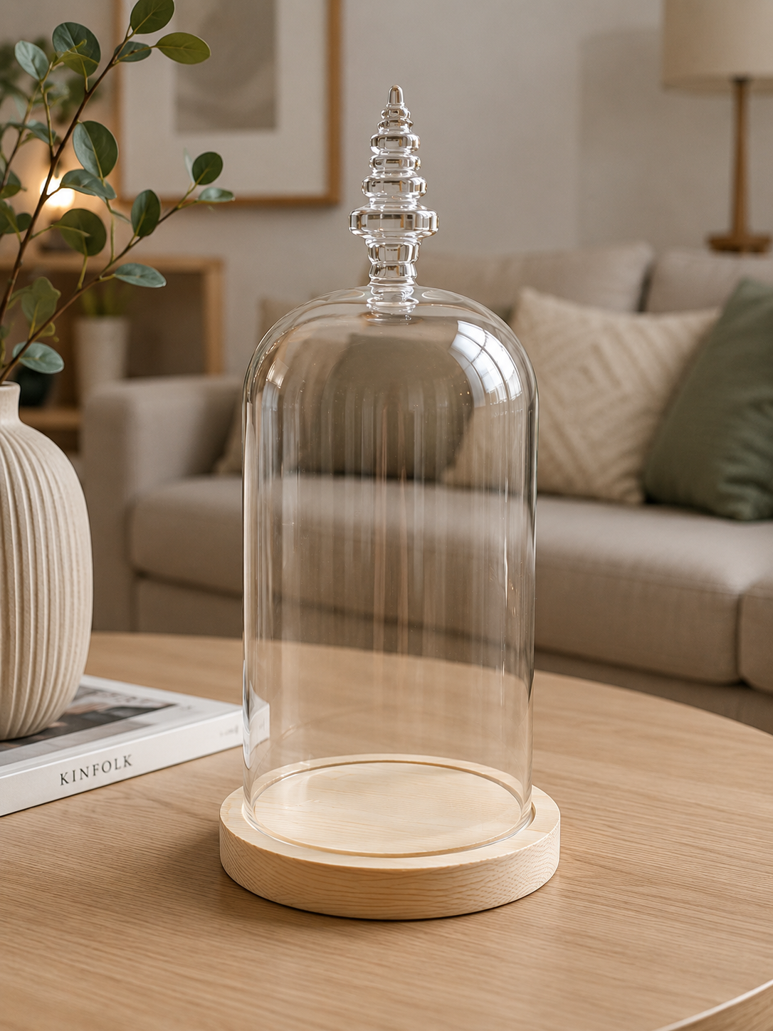 Belle Vous Glaskuppel 26,5cm mit Holzsockel Glasglocke Deko Vitrine Naturholz B8