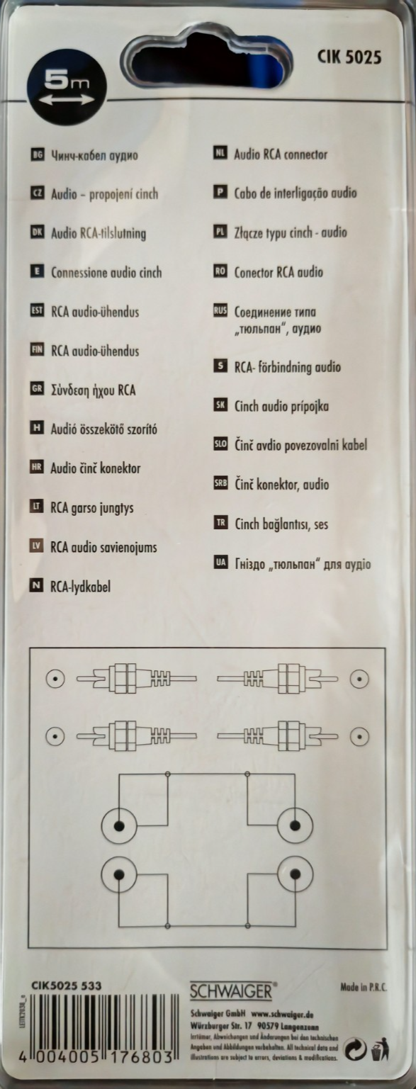 Schwaiger CIK5025 Audio Kabel Cinch Verbindung Stereo HiFi AUX 5m Schwarz A5