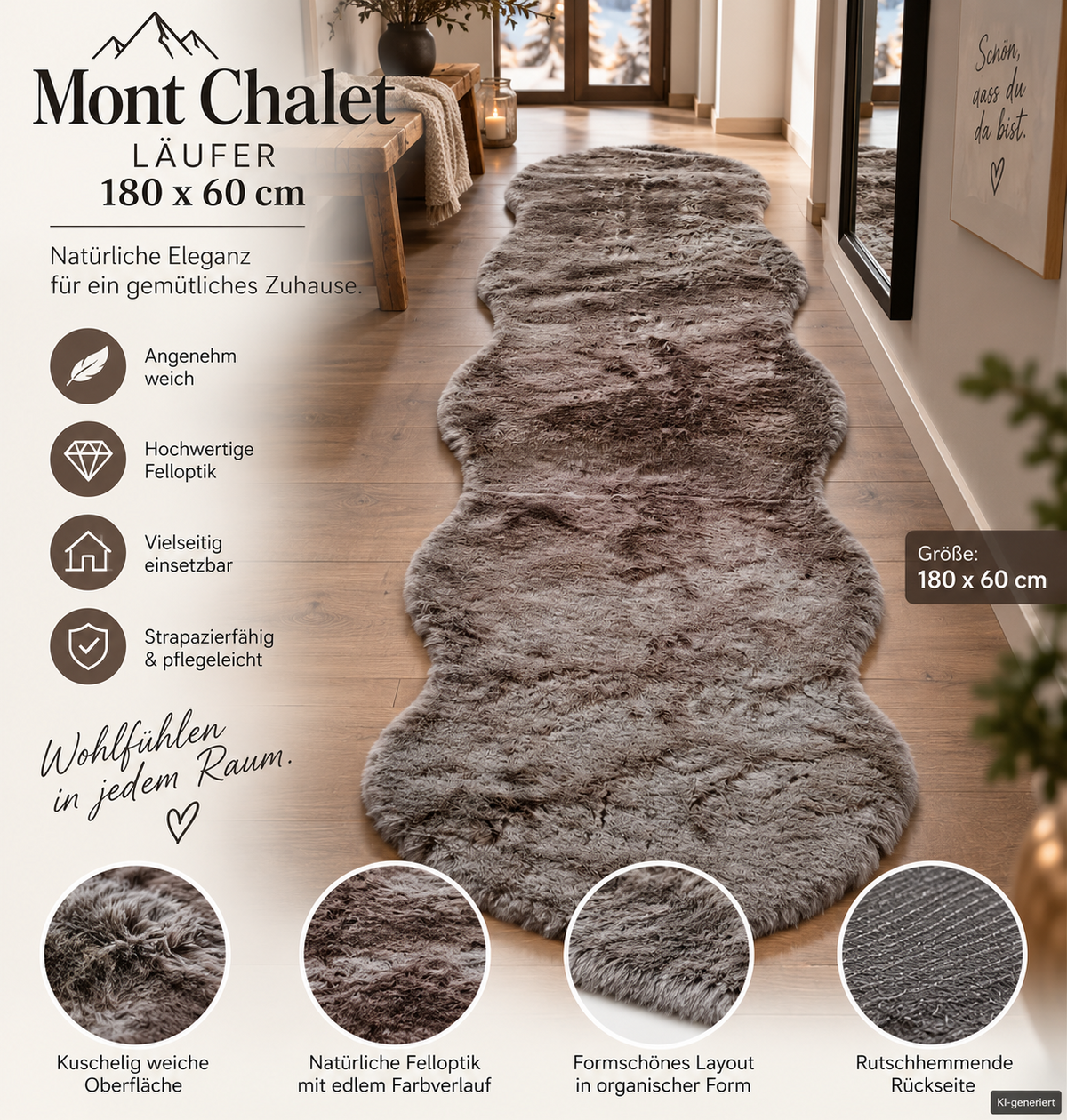 MONT CHALET Deko-Läufer Lammfellimitat 60x180cm Taupe Felloptik Waschbar A8