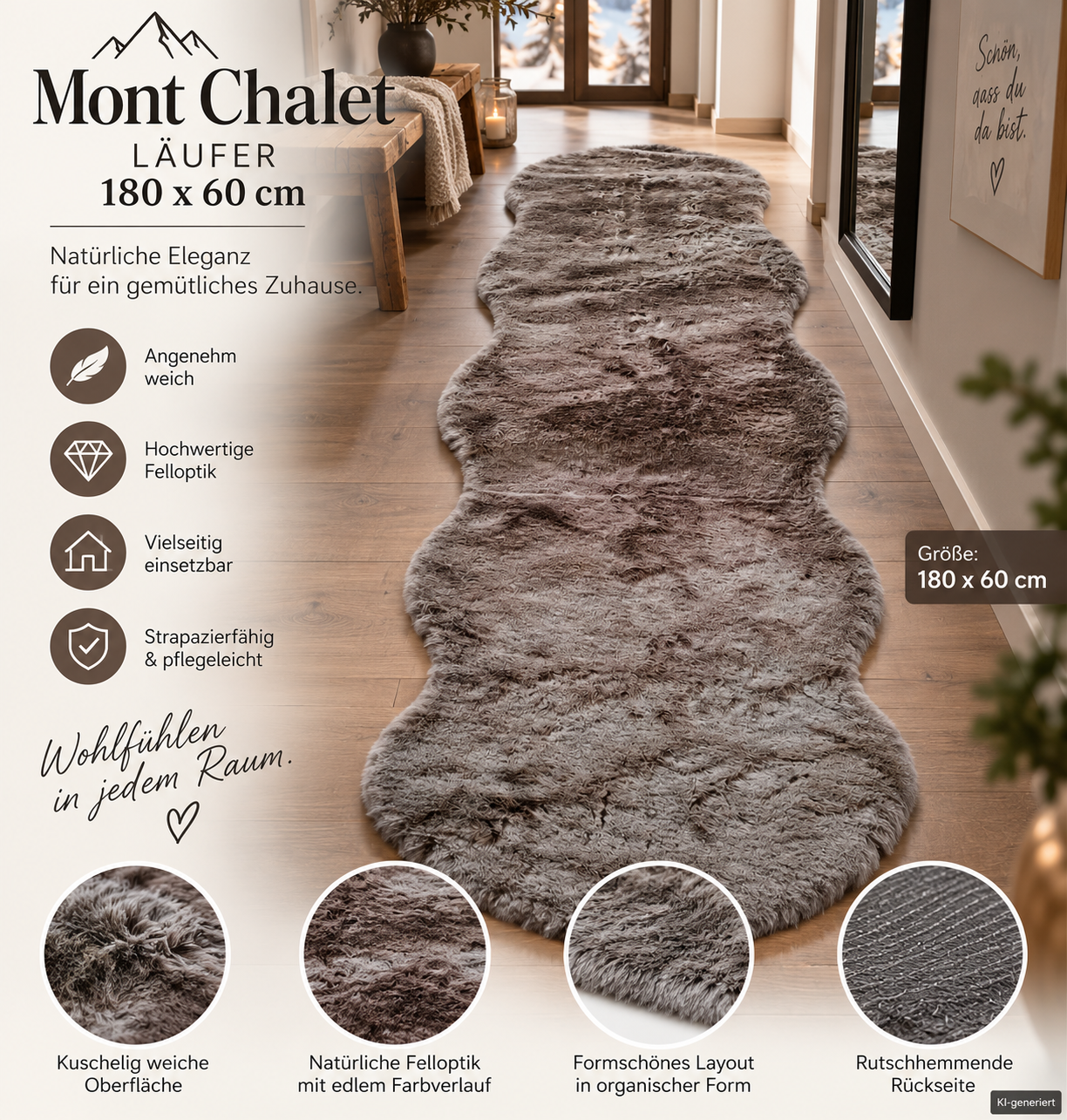 MONT CHALET Deko-Läufer Lammfellimitat 60x180cm Taupe Felloptik Waschbar A8