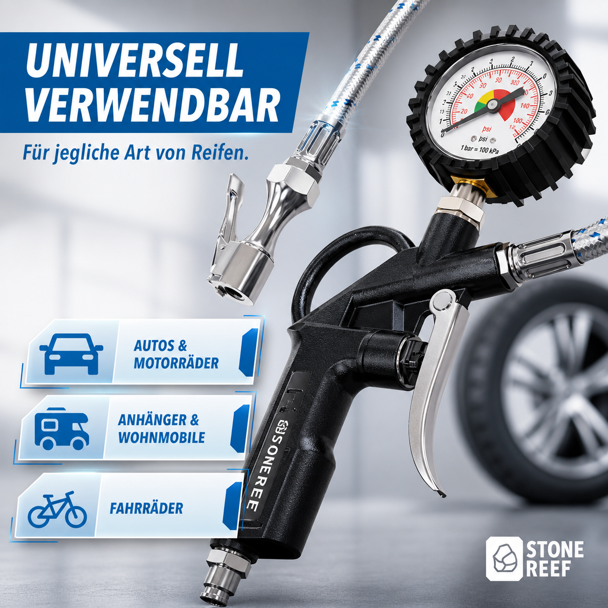 Reifenfüller mit Manometer drehbar Luftdruckprüfer Auto Fahrrad Set