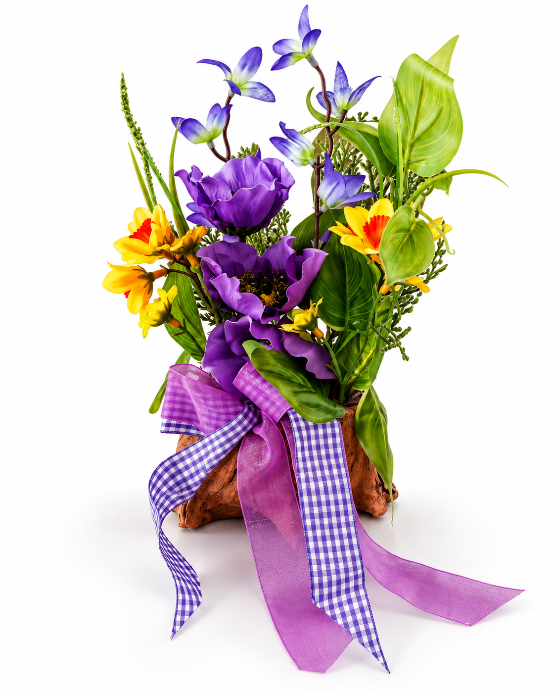 Künstliches Blumengesteck auf Baumstamm 24 cm Lila Gelb Kunstblumen Deko C6