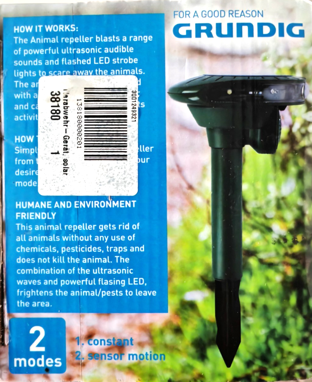 Grundig Solar Tierabwehr Ultraschall Tiervertreiber mit LED Blitz IP44 A8