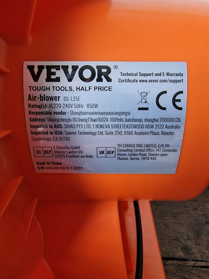 Vevor Air -Blower DS-1.25E, 850W, Hüpfburg Gebläse