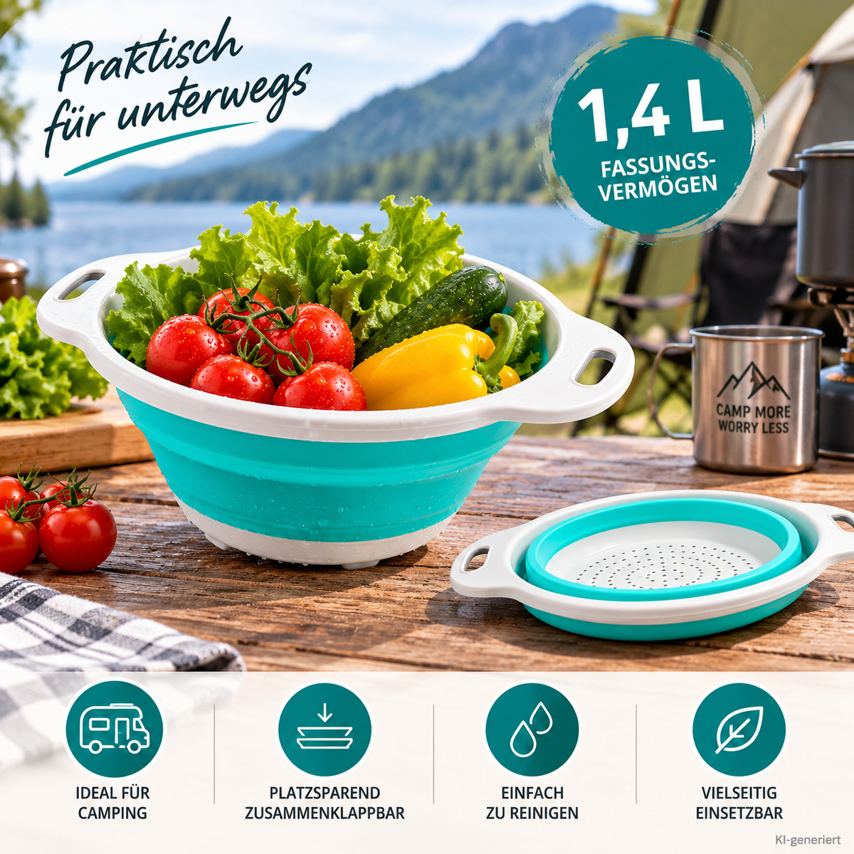Faltsieb 1,4L zusammenklappbar Küchensieb Obst Gemüse Nudeln Camping Mint Pal3