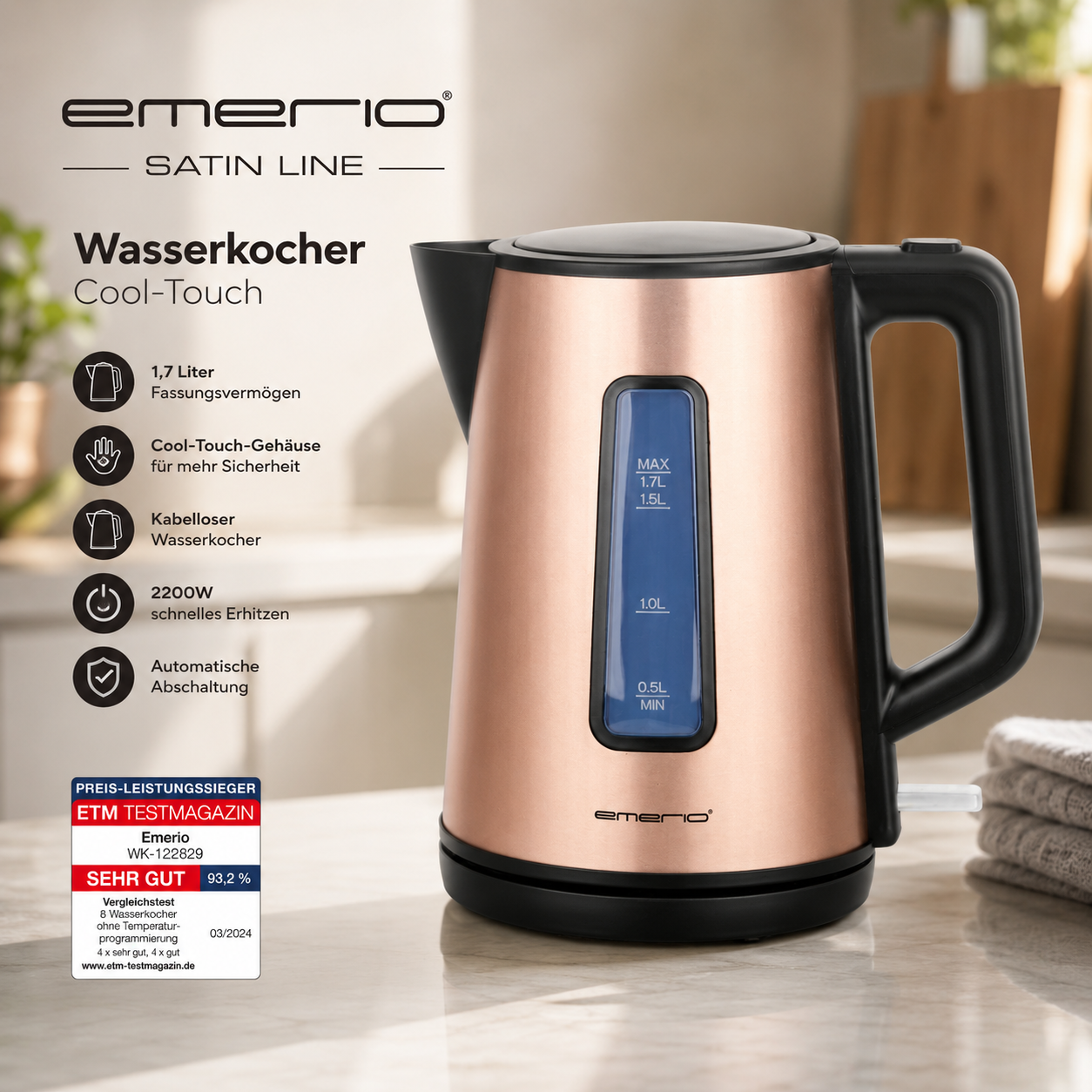 EMERIO WK-122829.8 Wasserkocher 1,7L 2200W Cool Wall Edelstahl Küche HO-A5