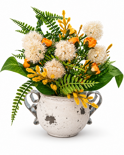 Künstliches Blumengesteck Allium Mimose Rosen Gelb Weiß Deko Vase 30 cm