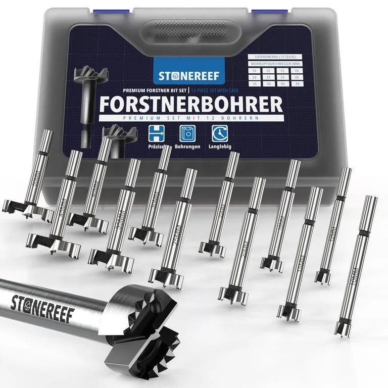 STONEREEF Forstnerbohrer Set 12-tlg Holzbohrer Bohrersatz Astlochbohrer Holz A1