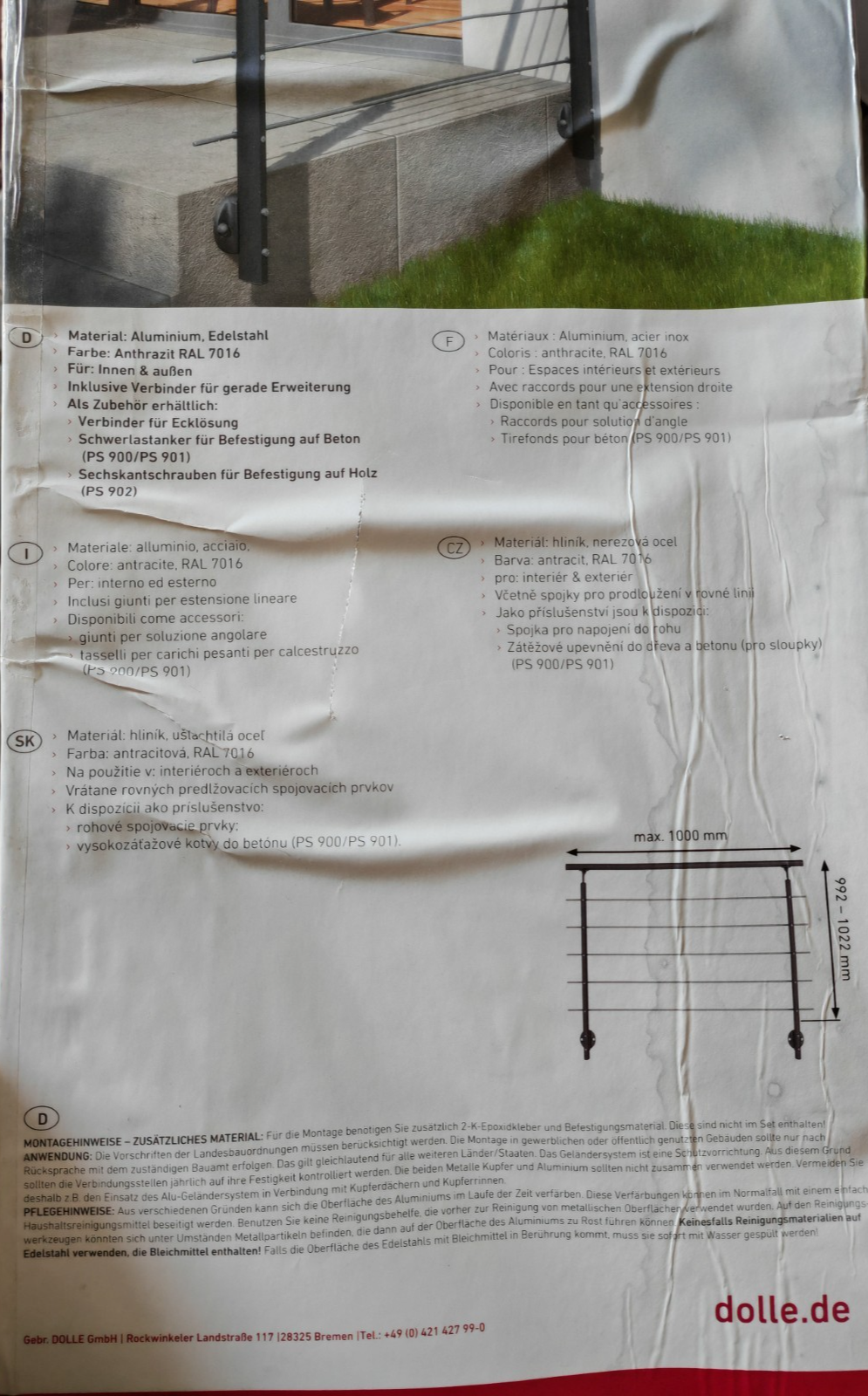 DOLLE Geländer Komplettset Alu Anthrazit 150cm Oberboden