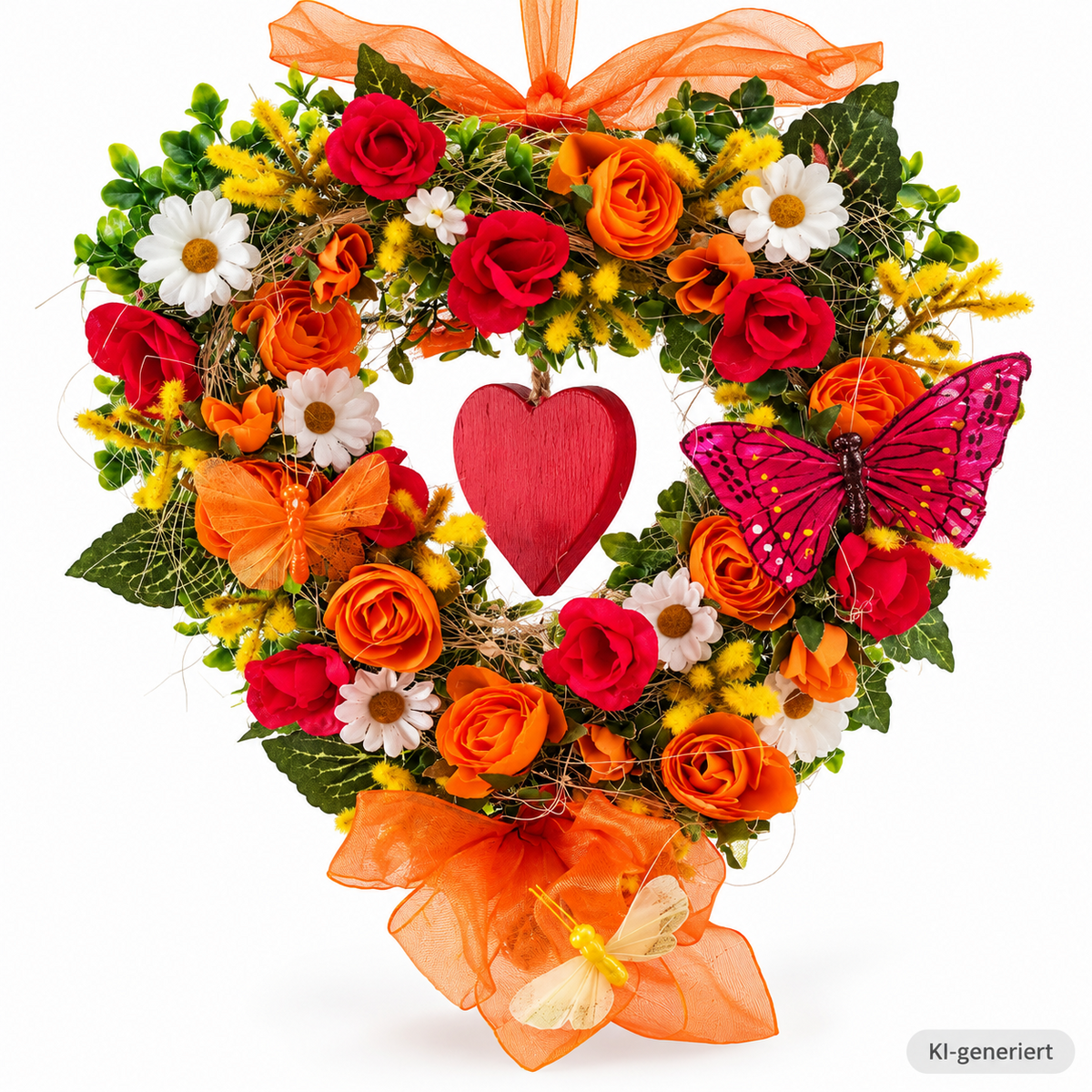 Frühlingskranz Türkranz 25 cm Kunstblumen Rosen Schmetterlinge Herz Orange E6