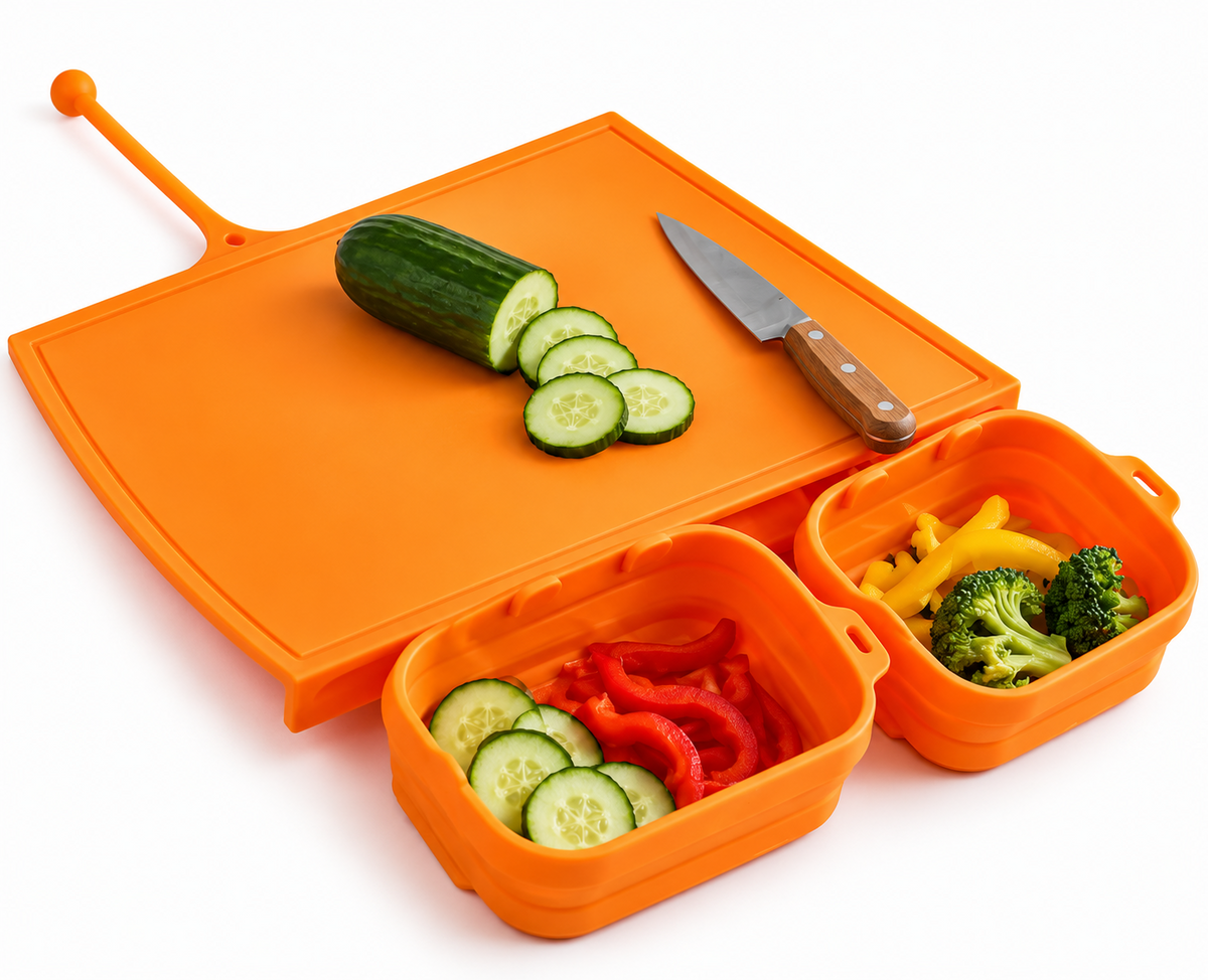 QVC Silikon Schneidebrett faltbar mit 2 Schüsseln Camping Küche Orange HA1