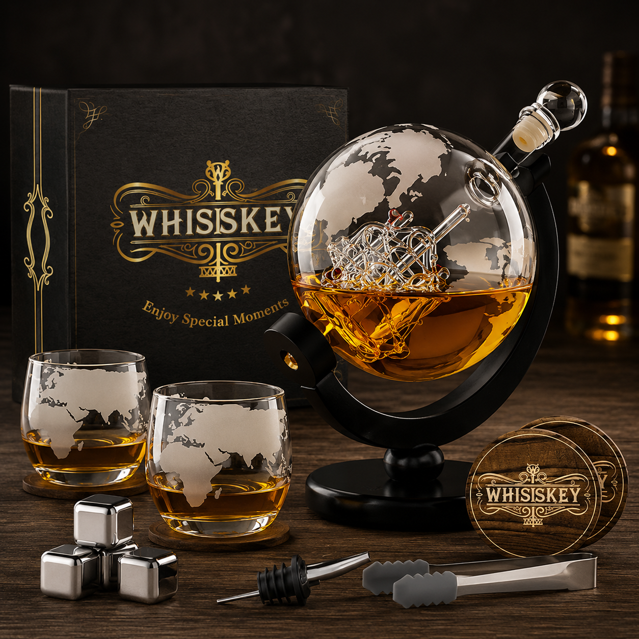 WHISISKEY Whisky Karaffe Set Globus Dekanter 900ml 2 Gläser 4 Steine HO-A18