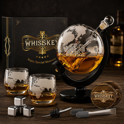 WHISISKEY Whisky Karaffe Set Globus Dekanter 900ml 2 Gläser 4 Steine HO-A18