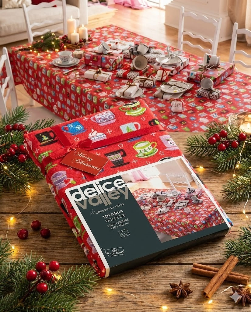 Delice Valley Weihnachtstischdecke Rot 140x180 cm mit Tassen Motiv