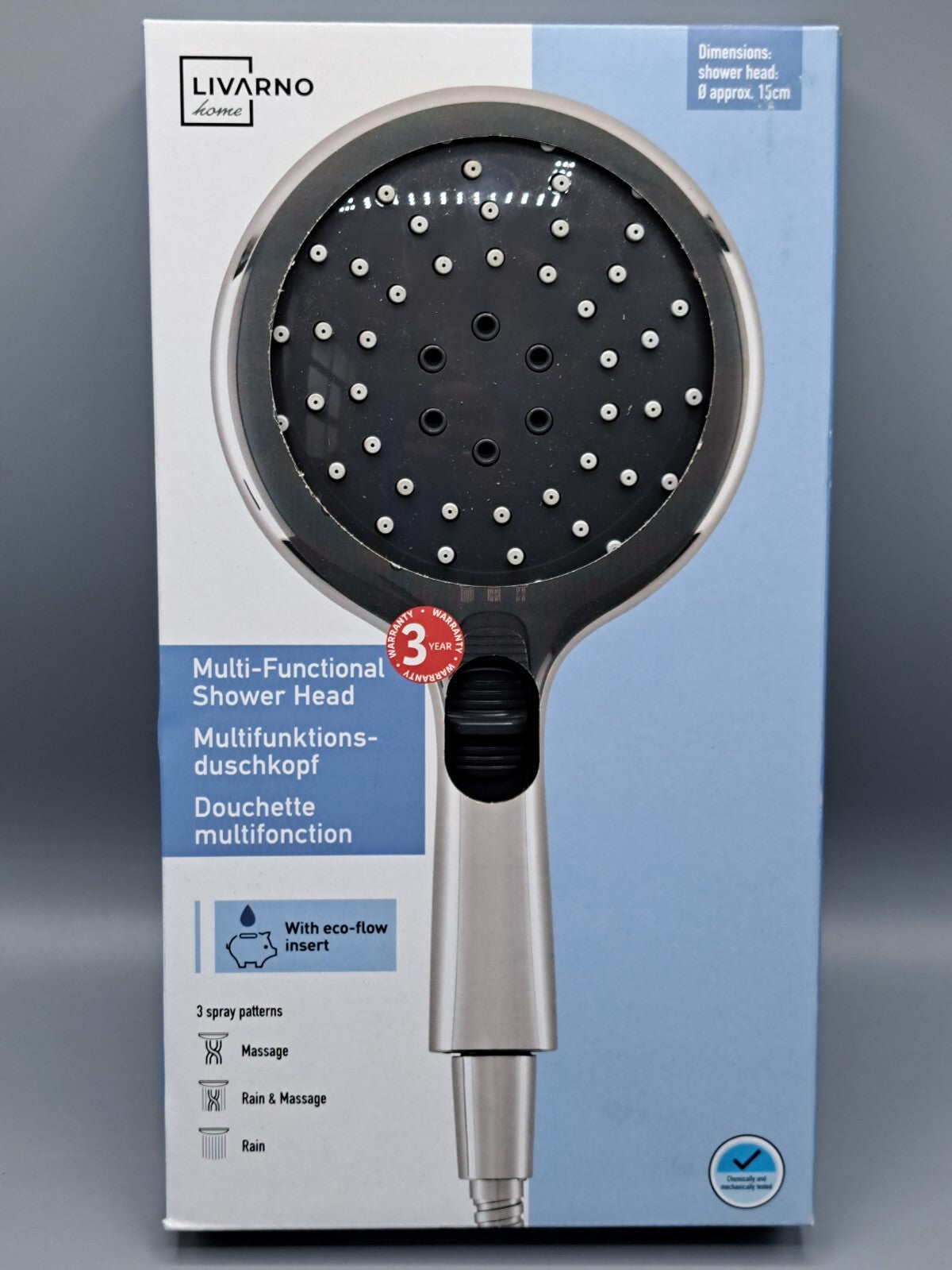 LIVARNO home Multifunktionsduschkopf Ø15cm 3 Strahlarten Wasserspar Grau E1