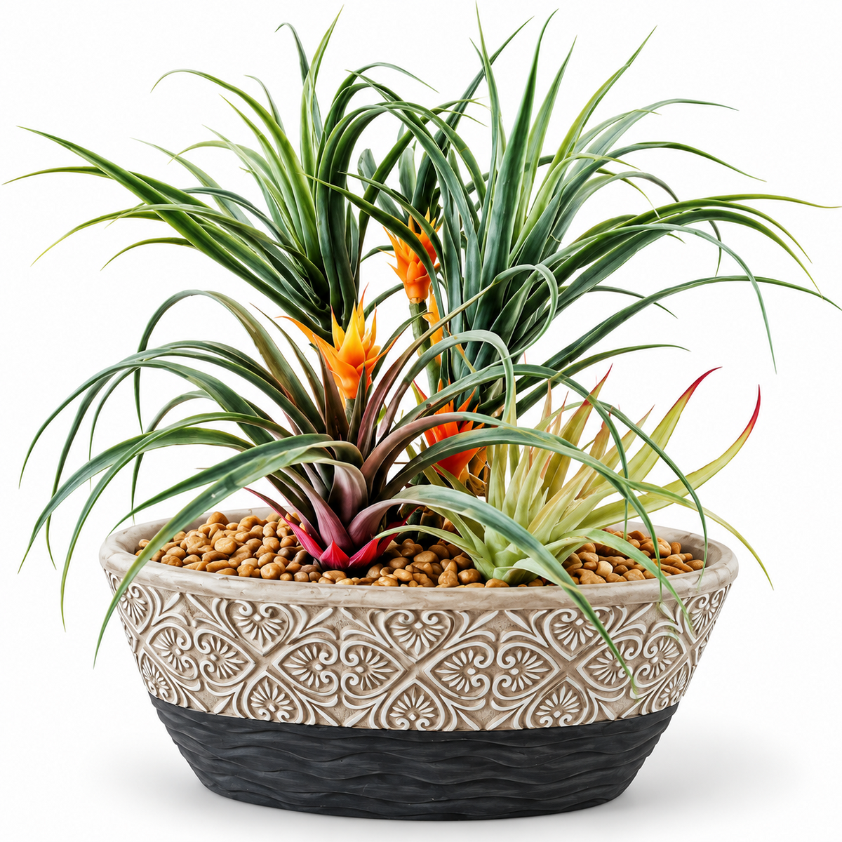Dracena Kunstpflanze im Dekotopf 37 cm Kunstblumen Grün Grau Pflanzschale C6