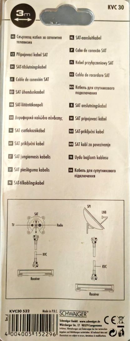 Schwaiger KVC30 SAT Kabel 3m 75dB F-Stecker Koaxialkabel Weiß Satellitenkabel A4