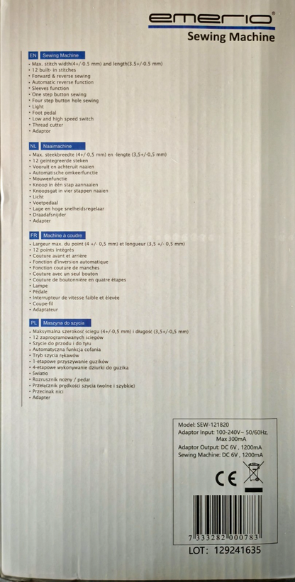Emerio SEW-121820 Nähmaschine Kinder Anfänger 12 Stichmuster Fußpedal HO-A10