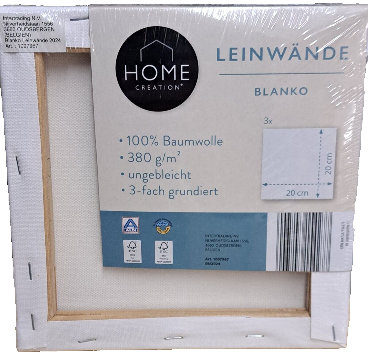 3x Home Creation Leinwand Blanko 20x20cm Weiß Keilrahmen Malerei