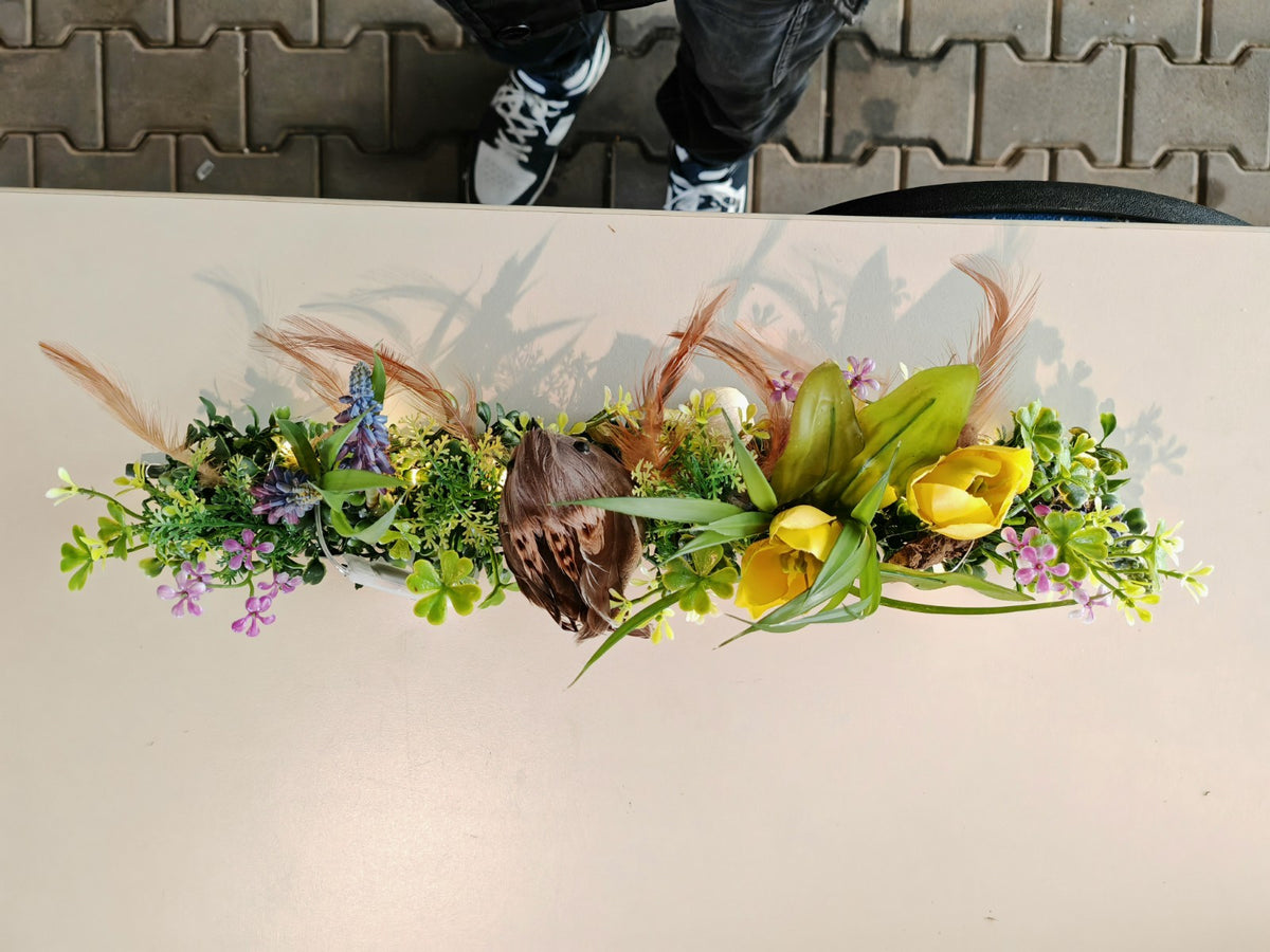 TEWA LED Tischgesteck 42 cm Frühlingsdeko Tulpen Vogel Kunstblumen D10
