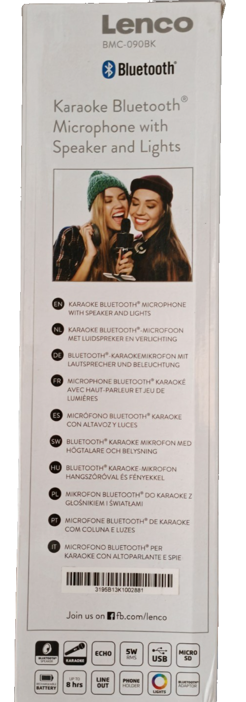 Lenco BMC-090BK Bluetooth Karaoke Mikrofon 5W Lautsprecher LED USB SD Weiß D6