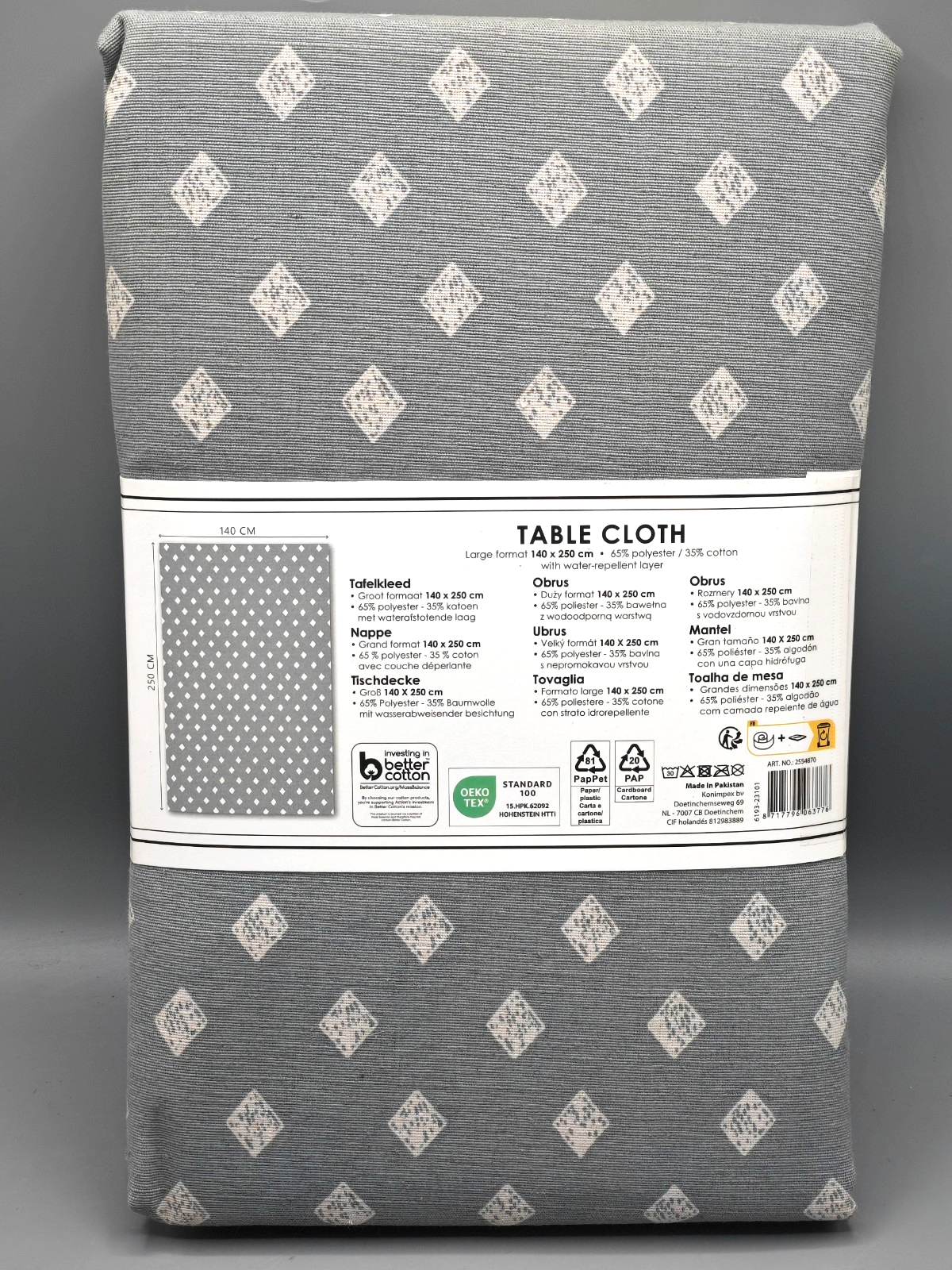 Tischdecke 140x250 cm Grau Weiß Wasserabweisend Baumwolle Polyester Rauten E5