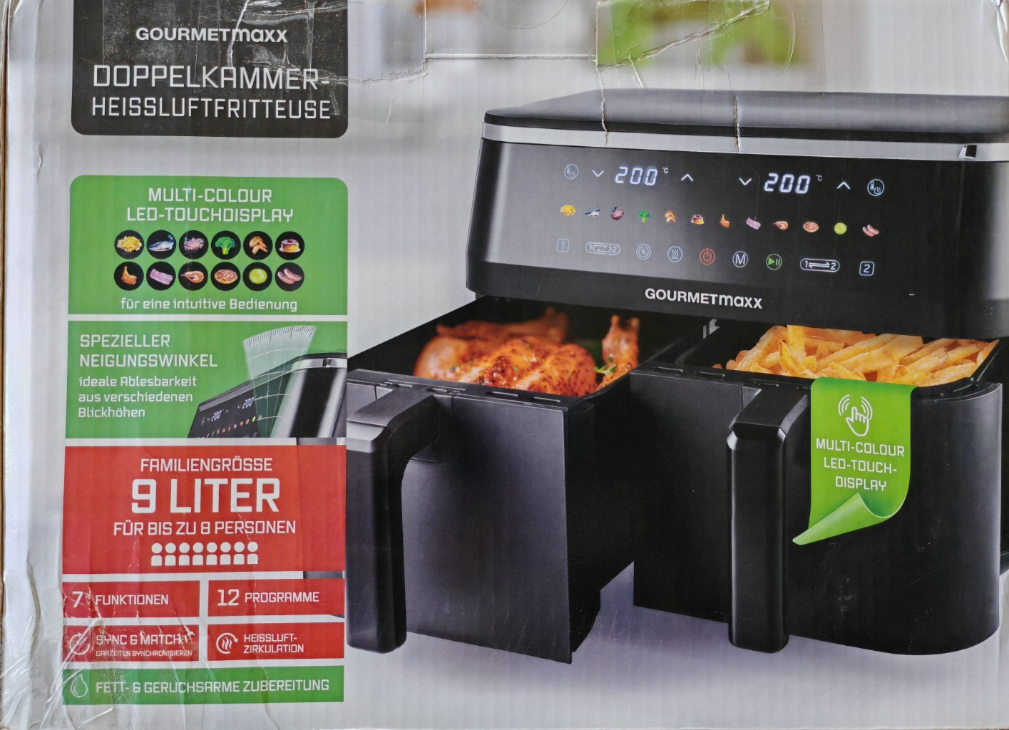 GOURMETmaxx Doppelkammer Heißluftfritteuse 9L Airfryer 3100W 12 Programme HA22
