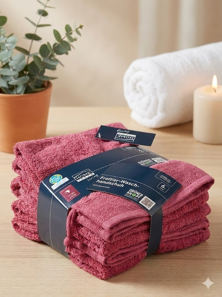 HOME IDEAS Living 6x Frottier Waschhandschuh 16x21 cm Baumwolle Rosa Beere E4
