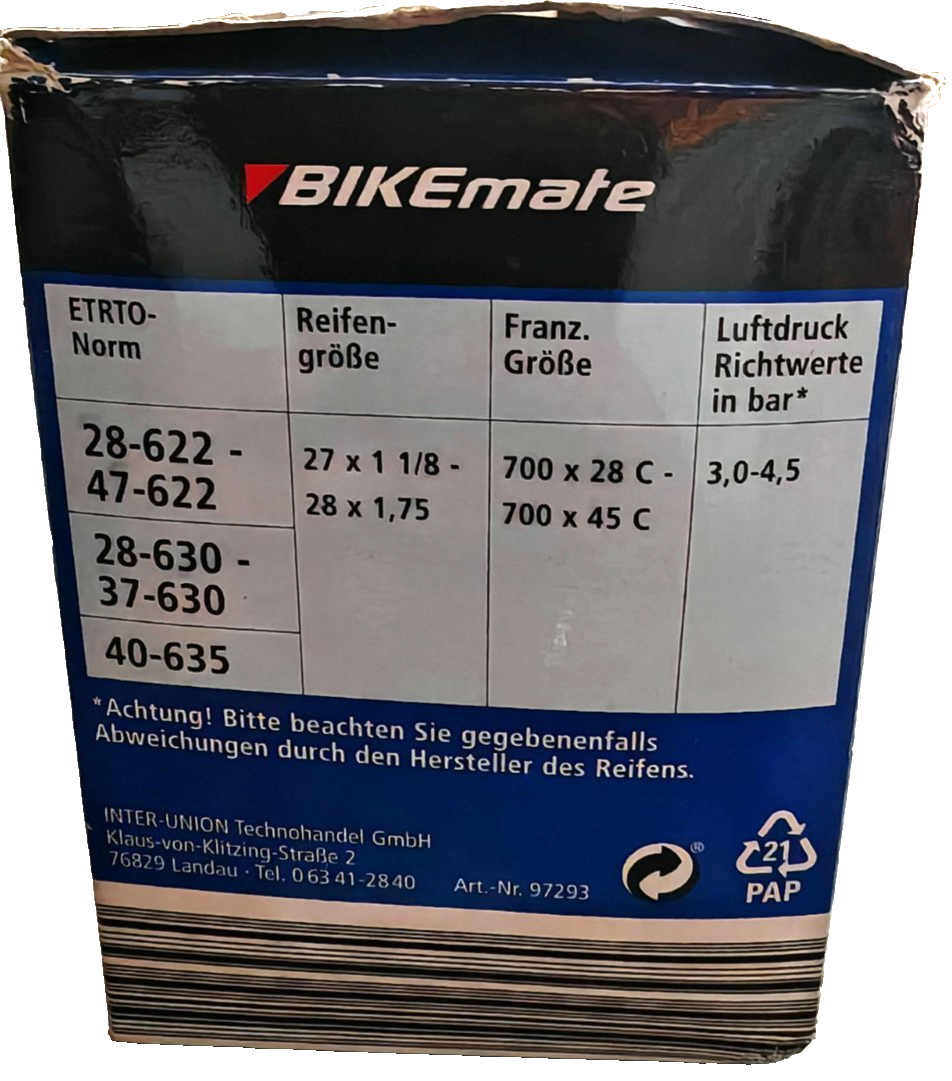 Bikemate Fahrradschlauch 28 Zoll Doppelpack 28/47-622 AV Autoventil 2er Set E4