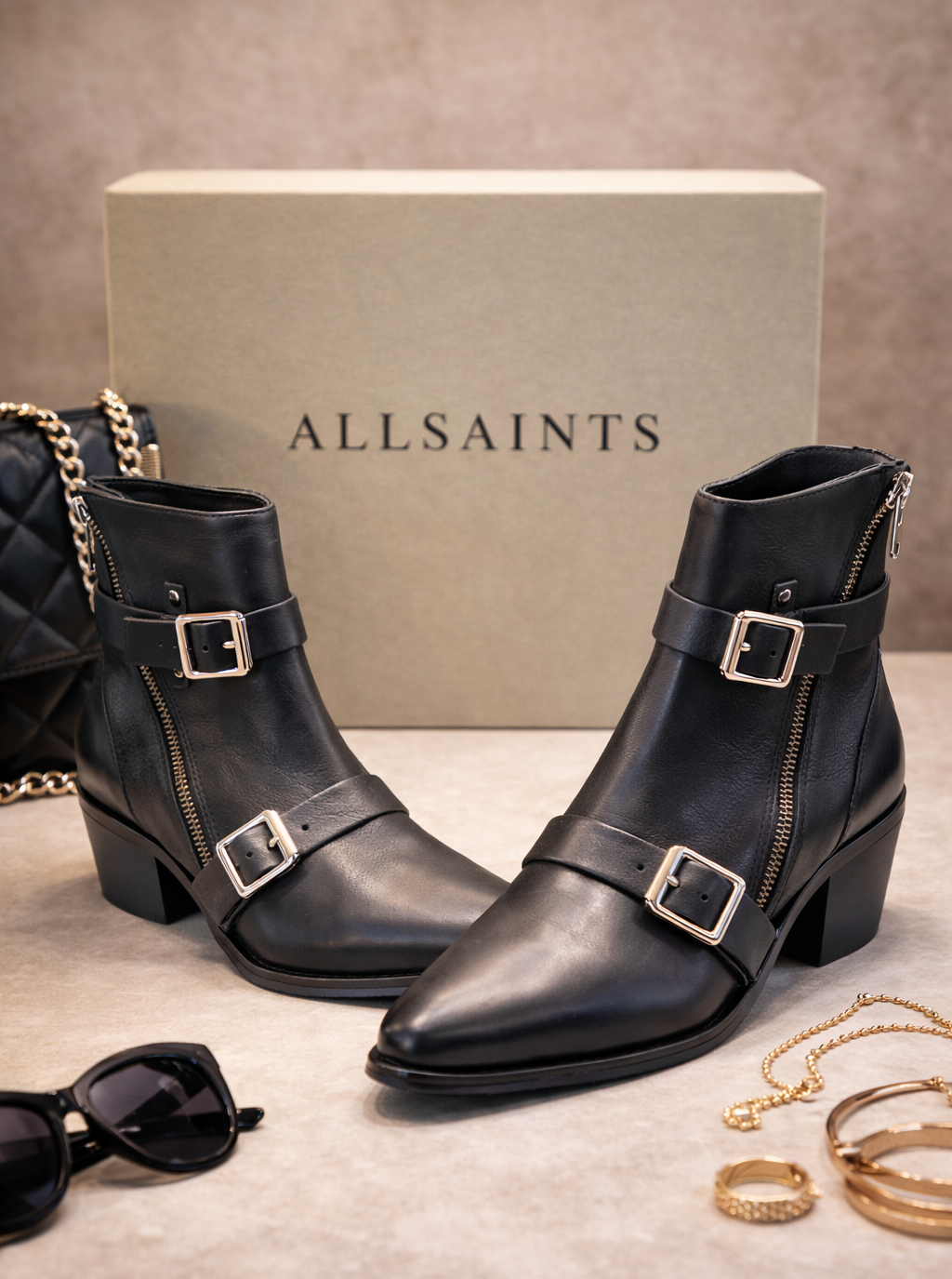 AllSaints Lior Damen Stiefeletten Leder Schwarz Zip Boots Schnallen Gr. 39 G1