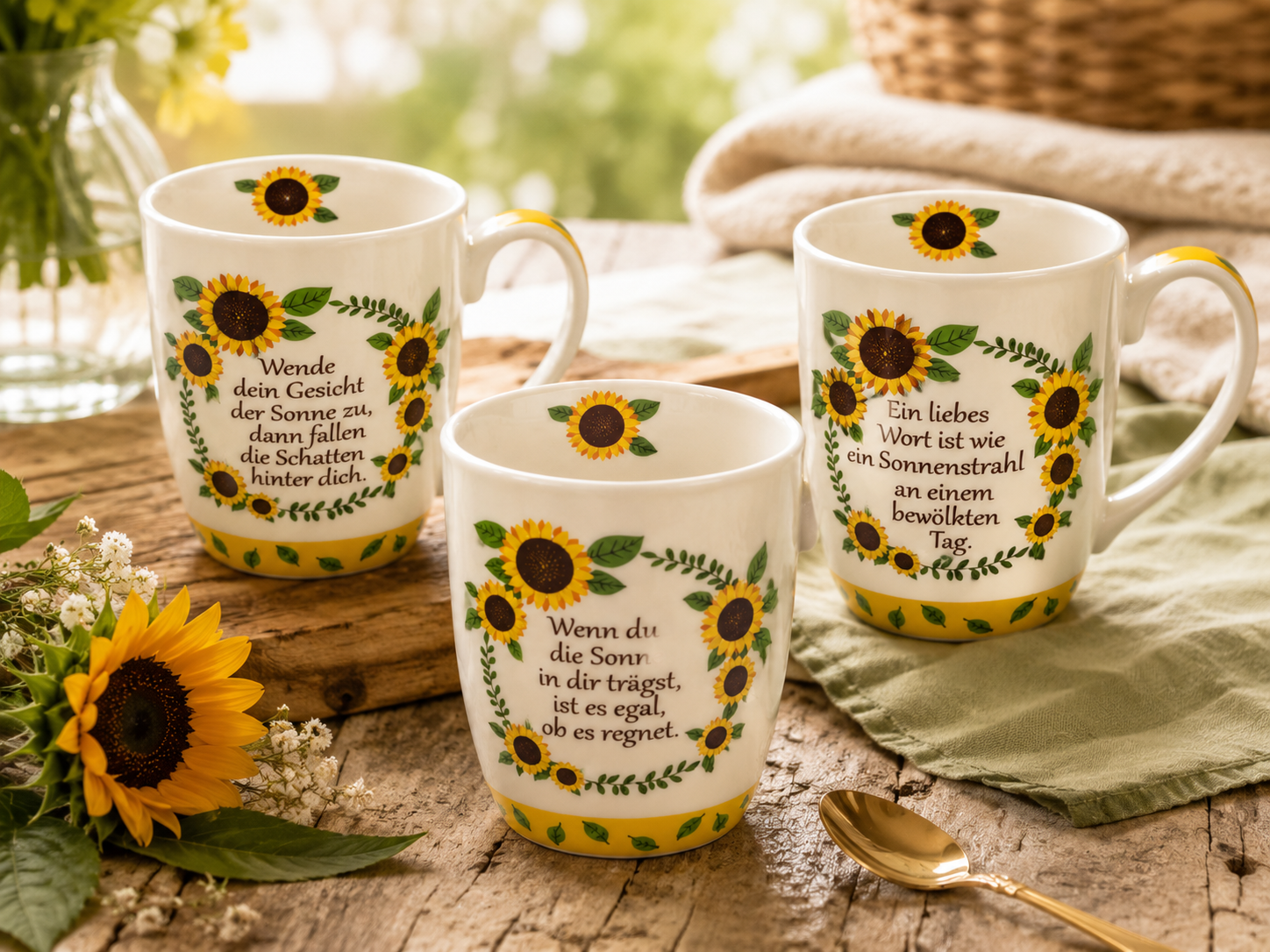 Tassen Sonnenblumen 3er Set Sprüche Modern Geschenk Tassenset Kaffee