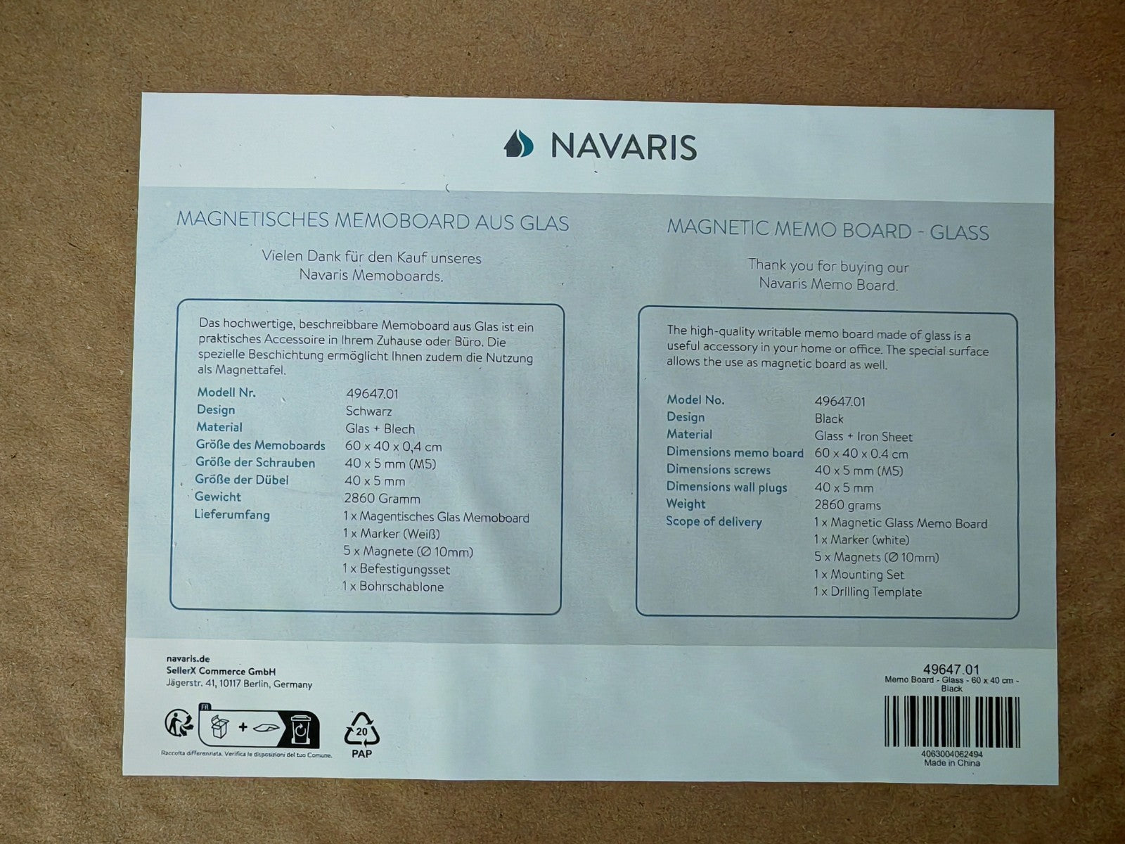 Navaris Magnetisches Memoboard Glas Schwarz 60x40cm Magnettafel Wandboard HO-A11