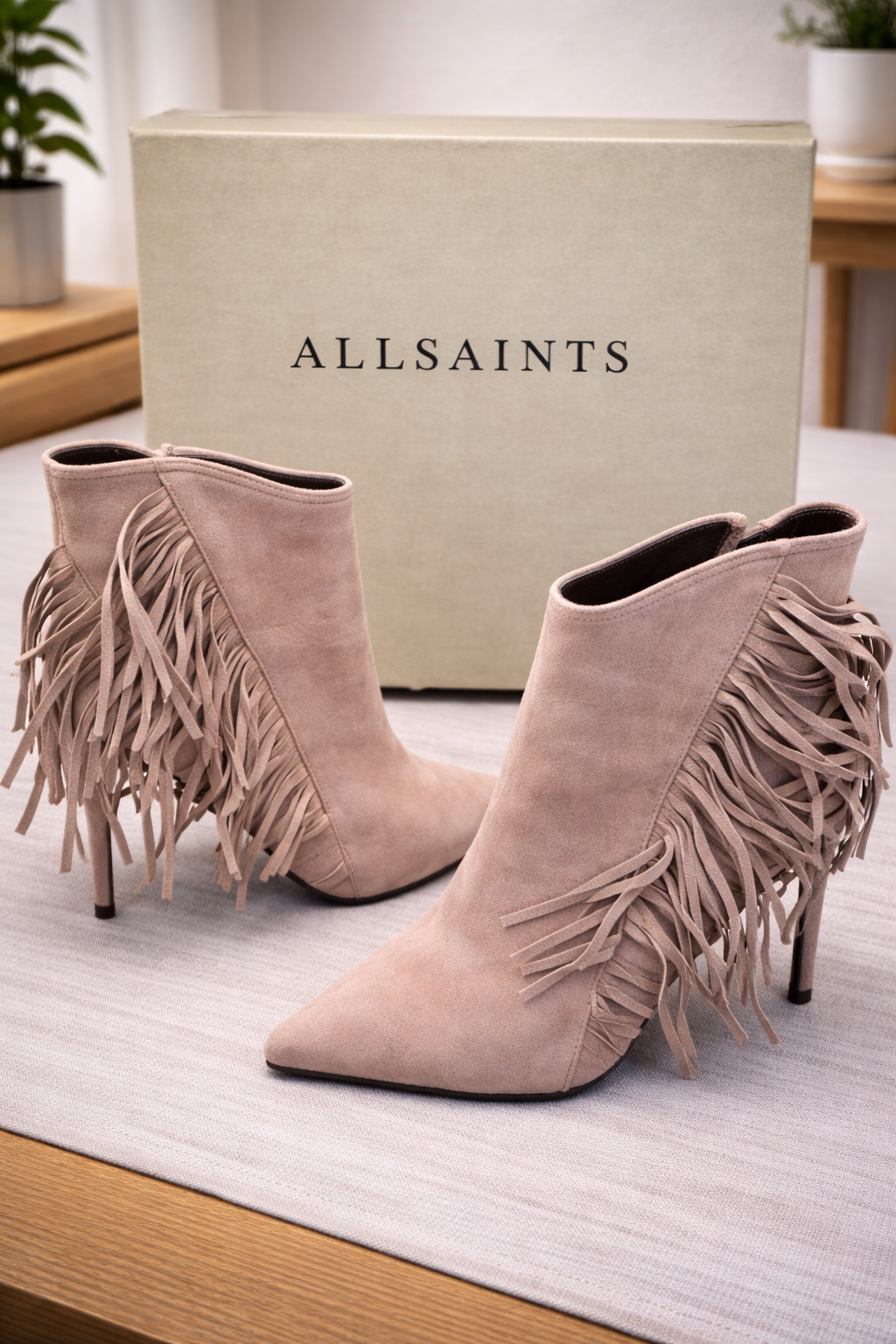 AllSaints Izzy Damen Stiefeletten Wildleder Taupe Fransen High Heel Gr. 37 G1