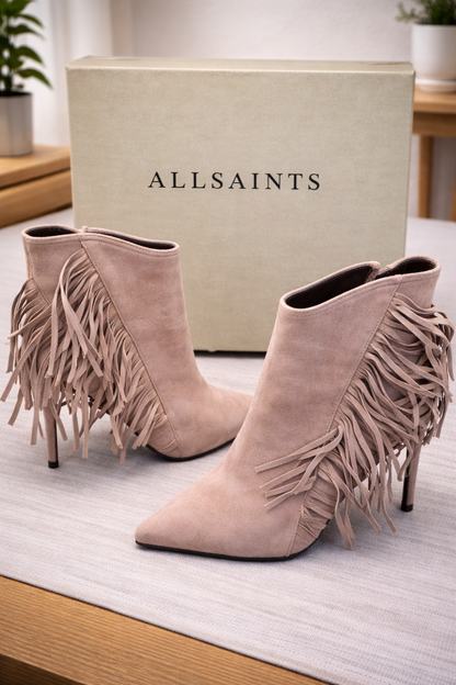 AllSaints Izzy Damen Stiefeletten Wildleder Taupe Fransen High Heel Gr. 37 G1