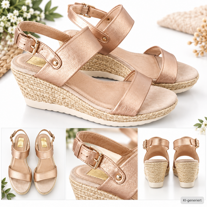 Damen Keilsandaletten Roségold Gr. 41 Espadrille Wedge Sandalen Metallic G2