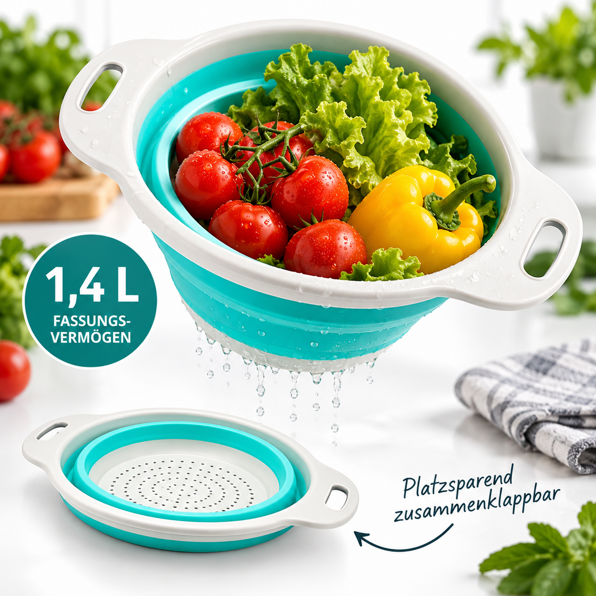 Faltsieb 1,4L zusammenklappbar Küchensieb Obst Gemüse Nudeln Camping Mint Pal3