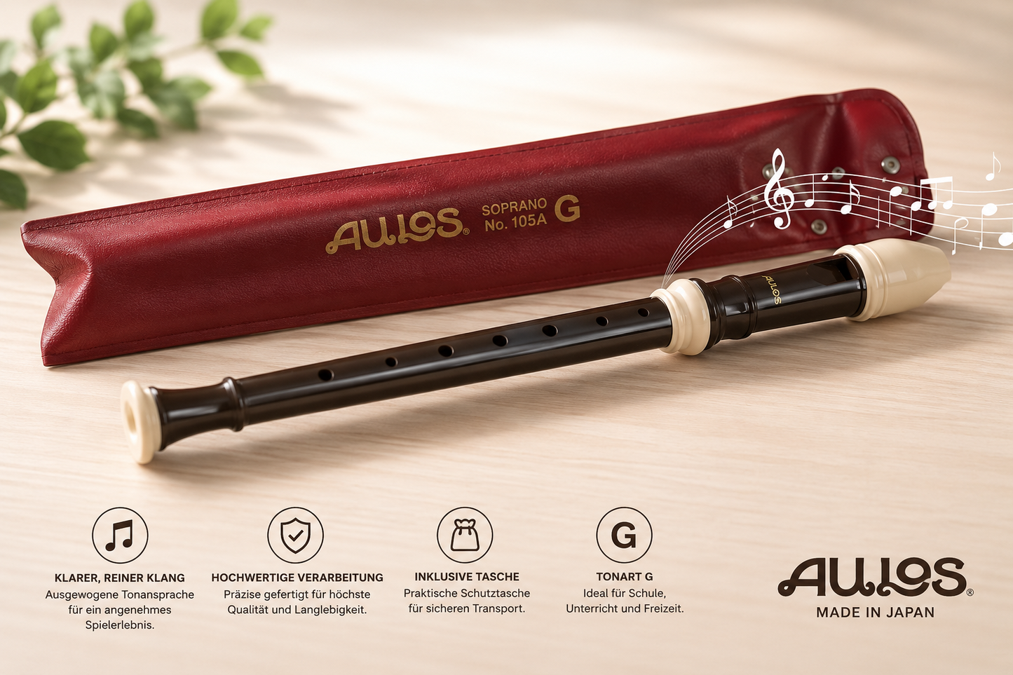 Aulos 102N G Sopran Blockflöte Einsteiger Flöte mit Etui Schule Musik