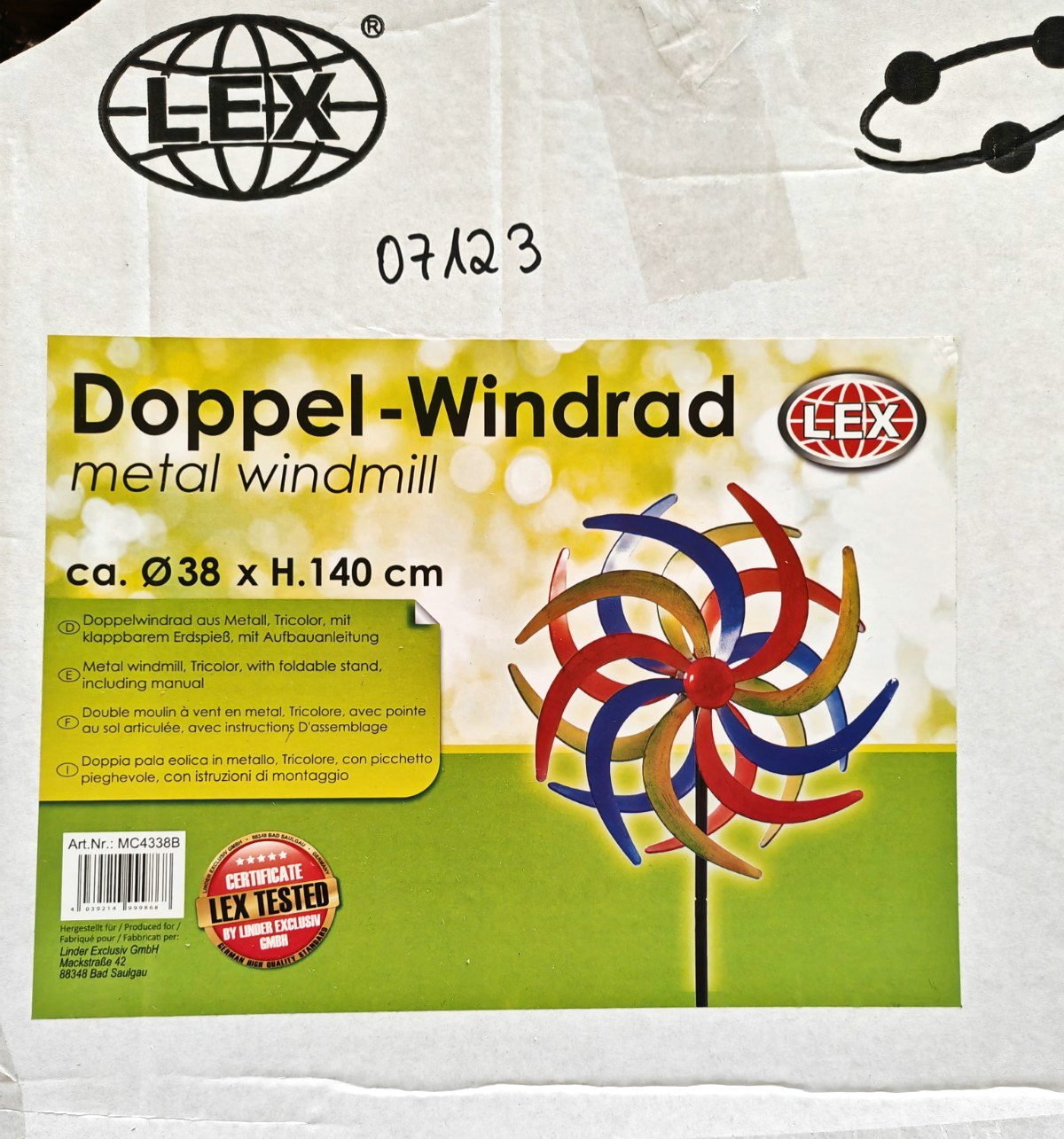 LEX Doppel Windrad Metall 140 cm Garten Windspiel Tricolor Rot Blau Grün B2