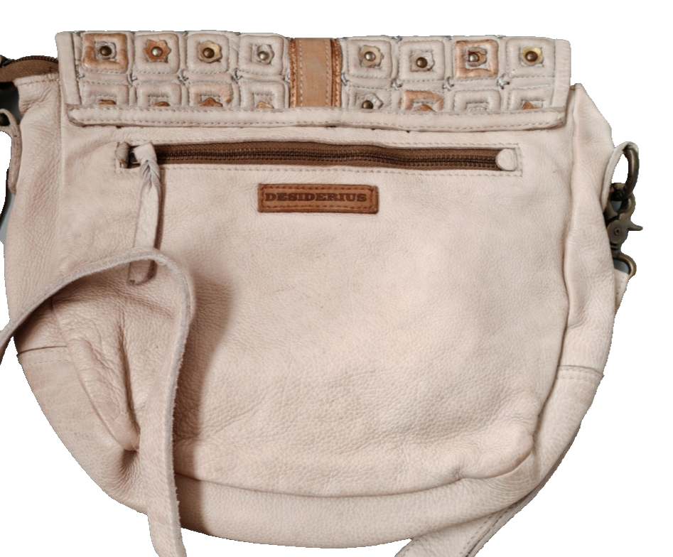 DESIDERIUS Veronika Damen Umhängetasche Beige Rindsleder Echtleder Nieten H3