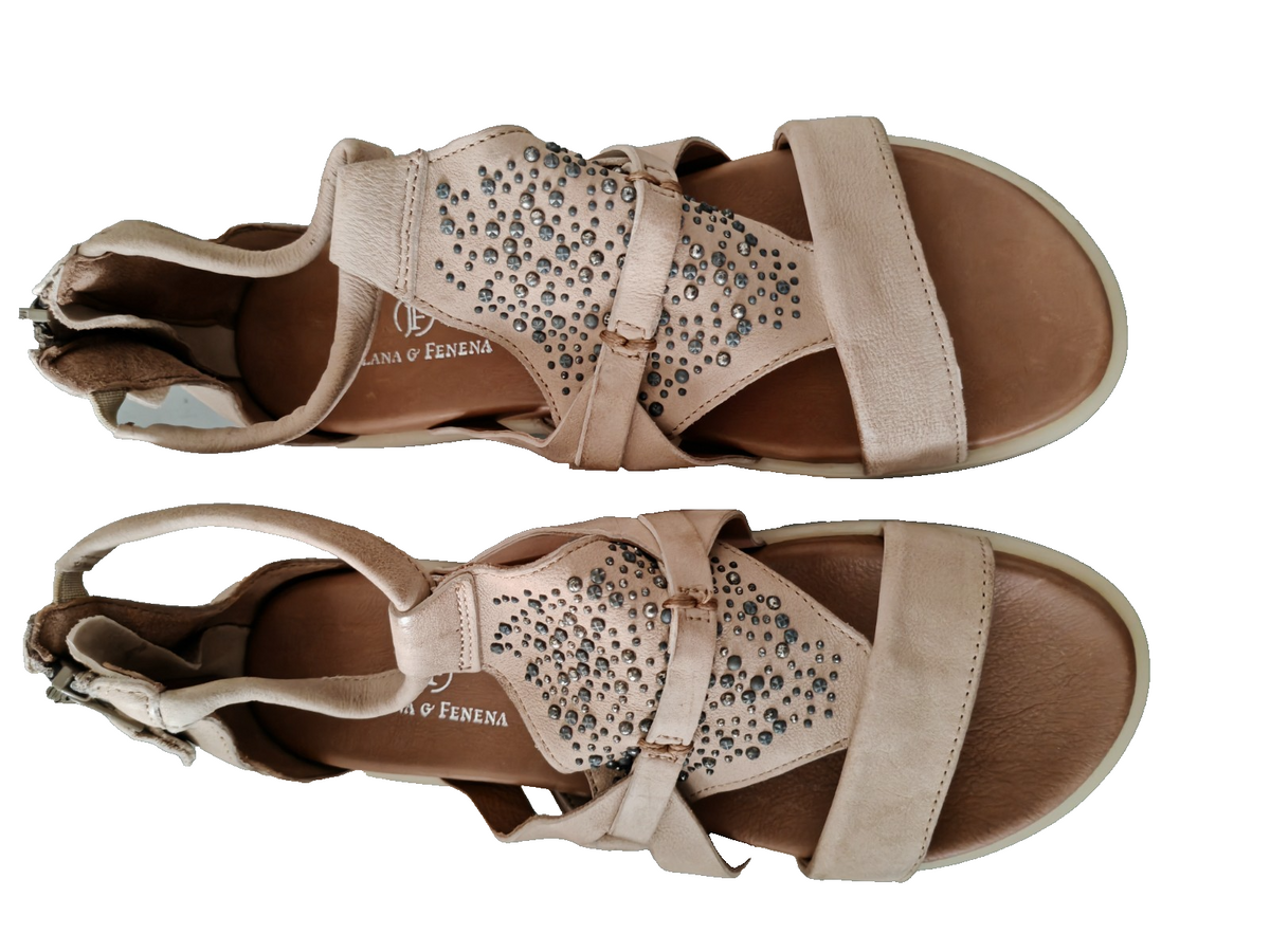 Jolana & Fenena Damen Sandalen Gr. 39 Beige Leder Strass Reißverschluss G2