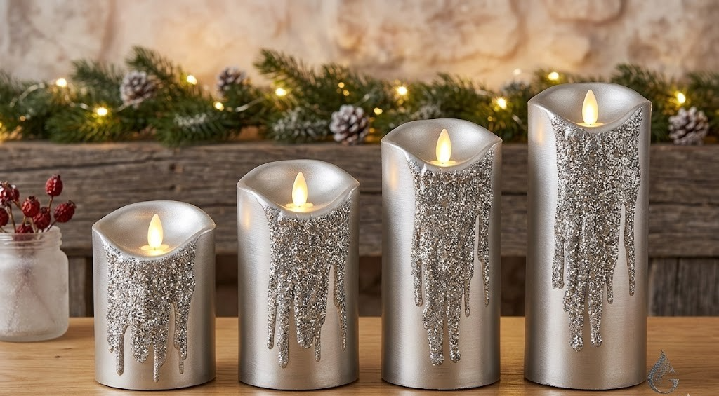 ELAMBIA 4 LED-Kerzen Glitzer-Finish Silber 5h Timerfunktion