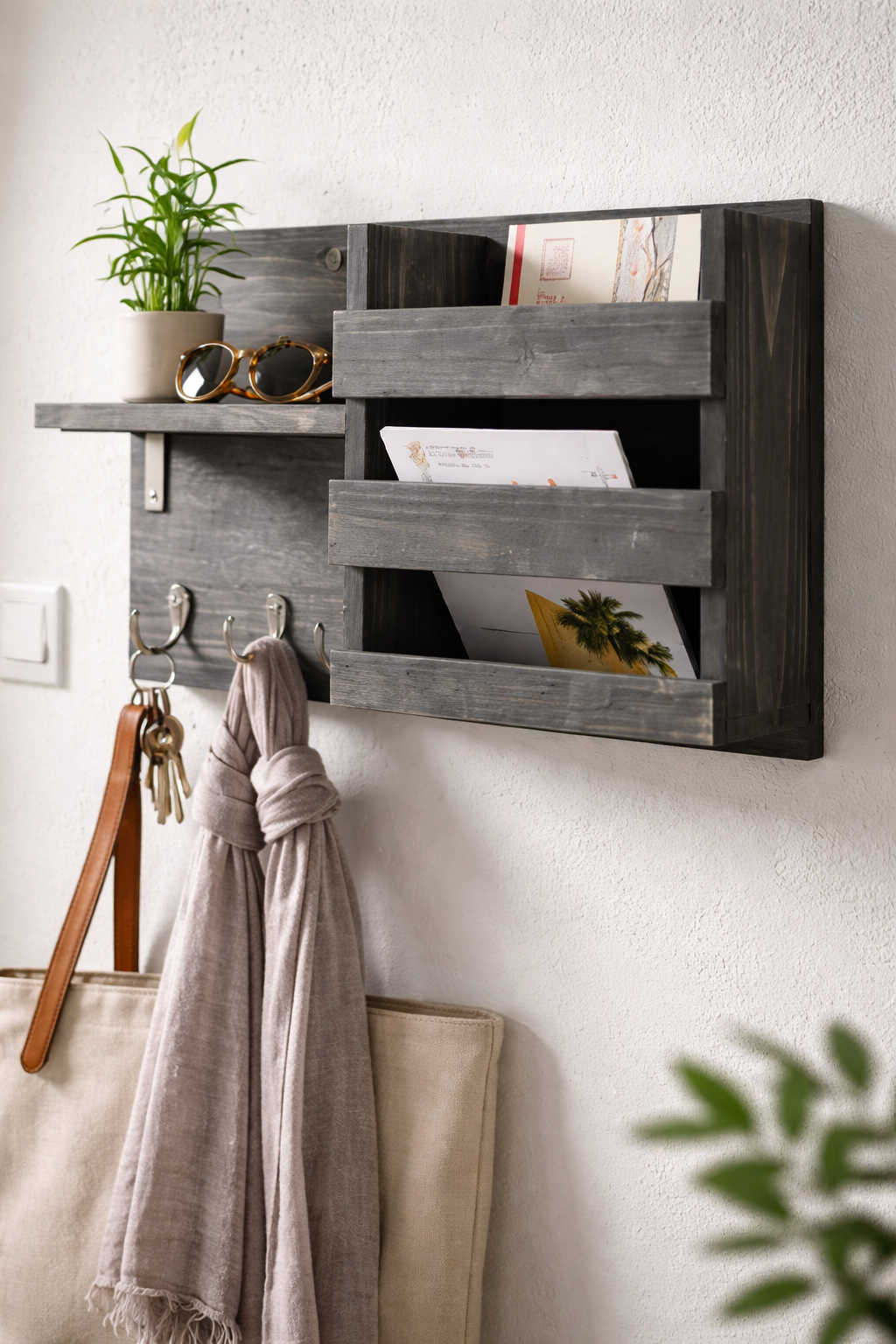 Hängende Wandgarderobe 42x25 – platzsparend mit Haken Grau Schwarz