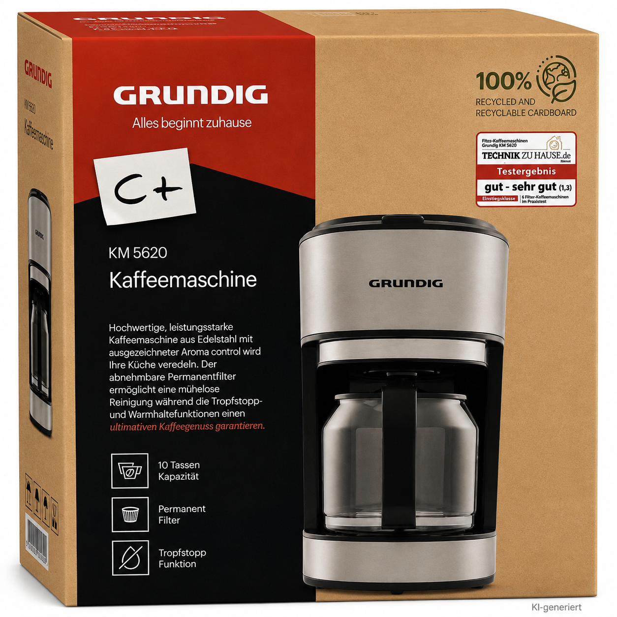 Grundig KM 5620 Filterkaffeemaschine 1000W 1,25L 10 Tassen Edelstahl C4