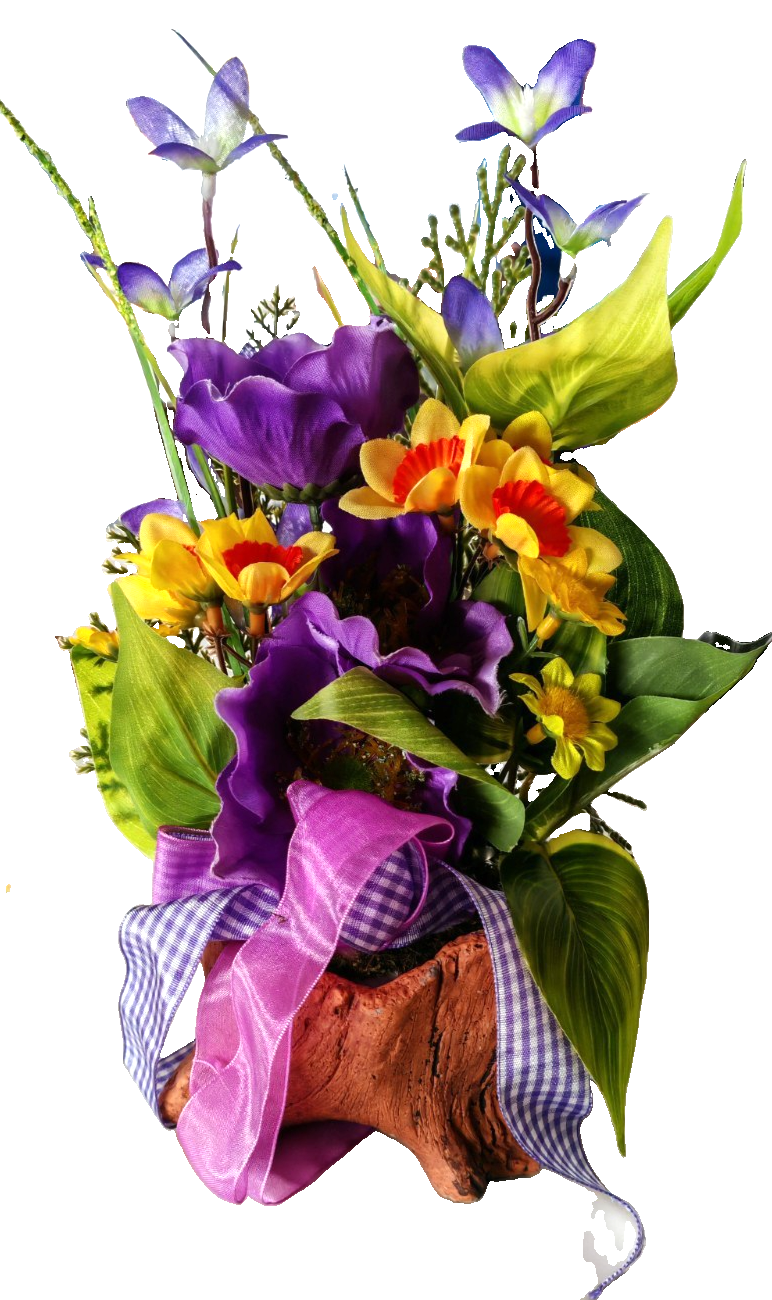 Kunstblumen Gesteck auf Baumstamm Lila Gelb Blumenarrangement Tischdeko B3