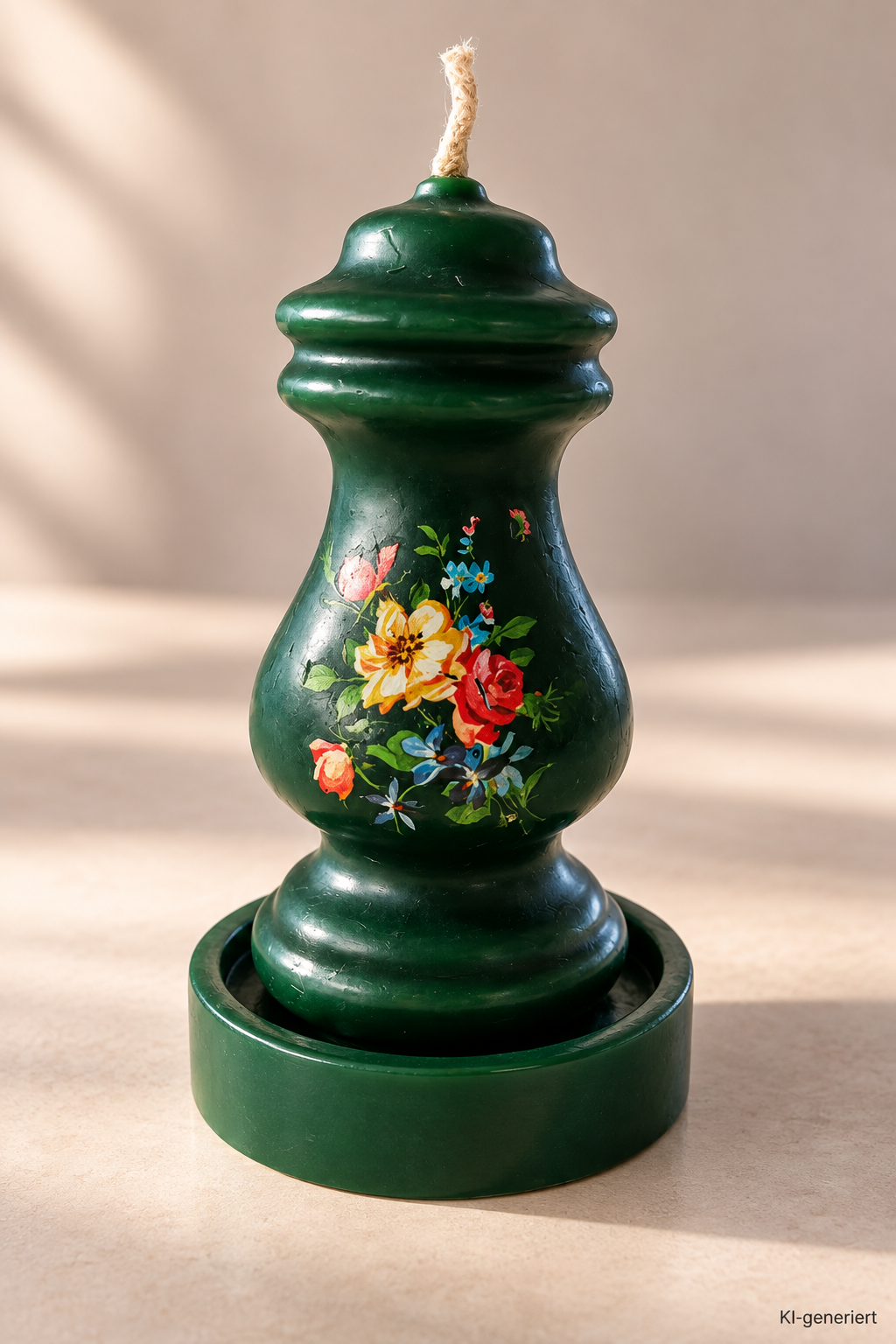 Vintage Schmuckkerze Grün Blumenmotiv Formkerze mit Kerzenteller ca. 14 cm B8