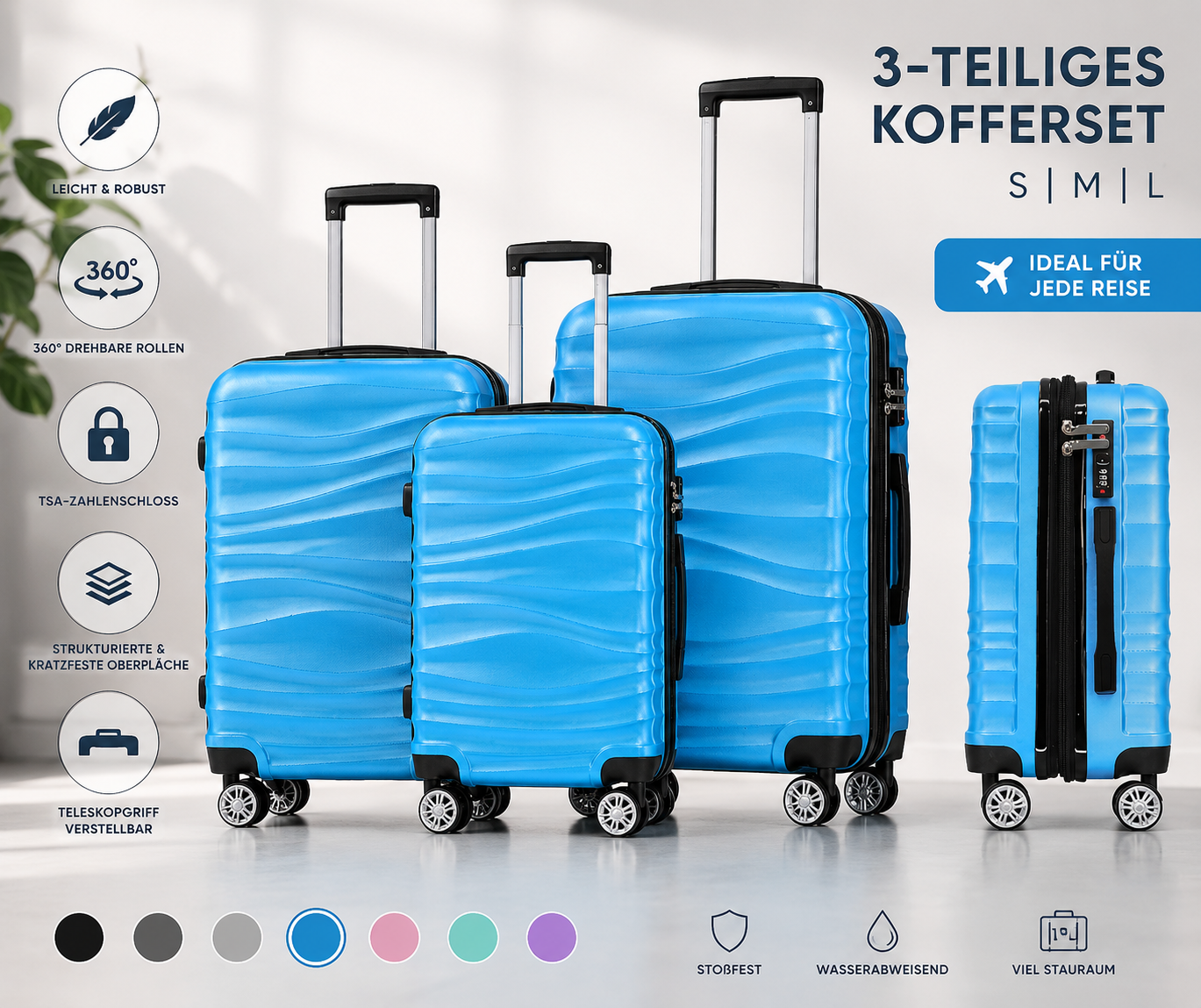 DMS Kofferset 3tlg Hartschale ABS Trolley Reisekoffer Rollen Zahlenschloss Set