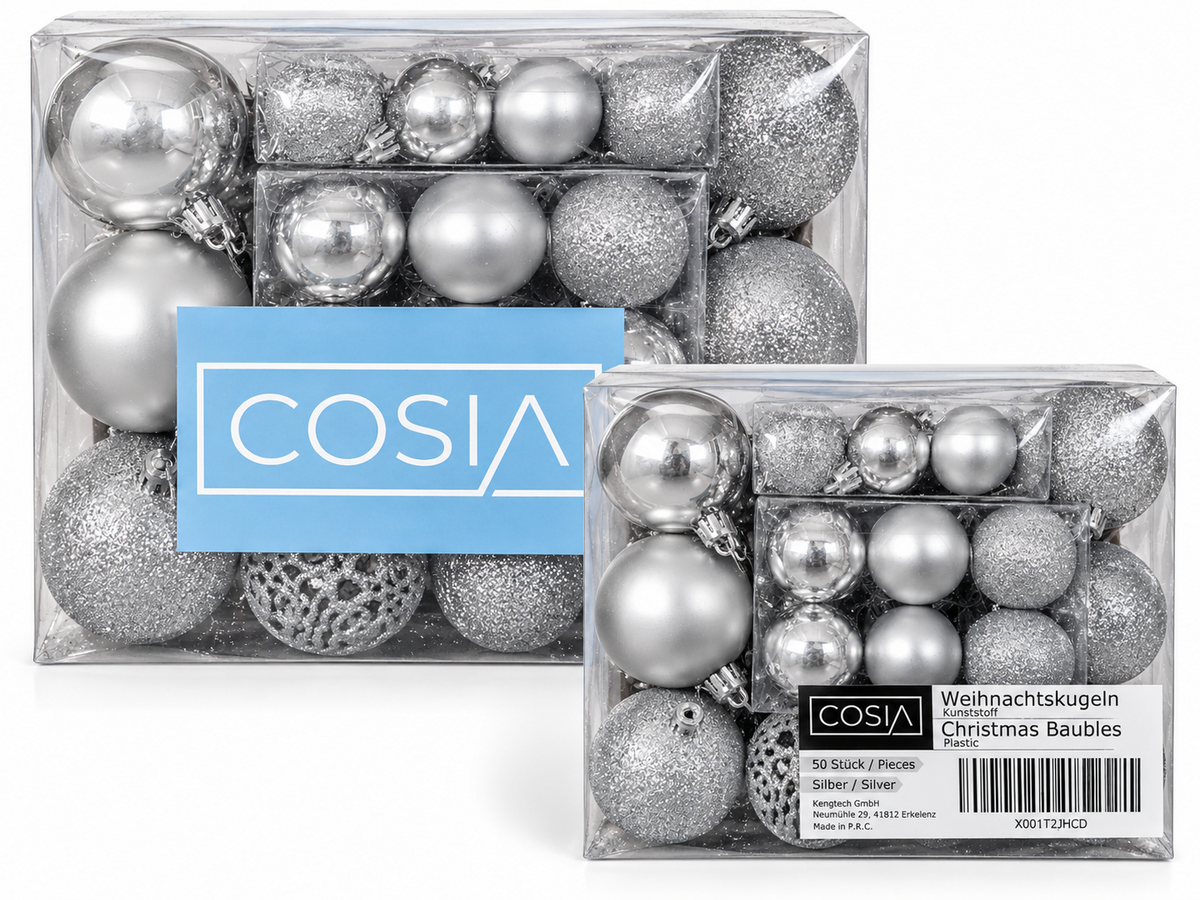 COSIA Weihnachtskugeln 50 Stück Silber Christbaumkugeln Kunststoff Baum HA31